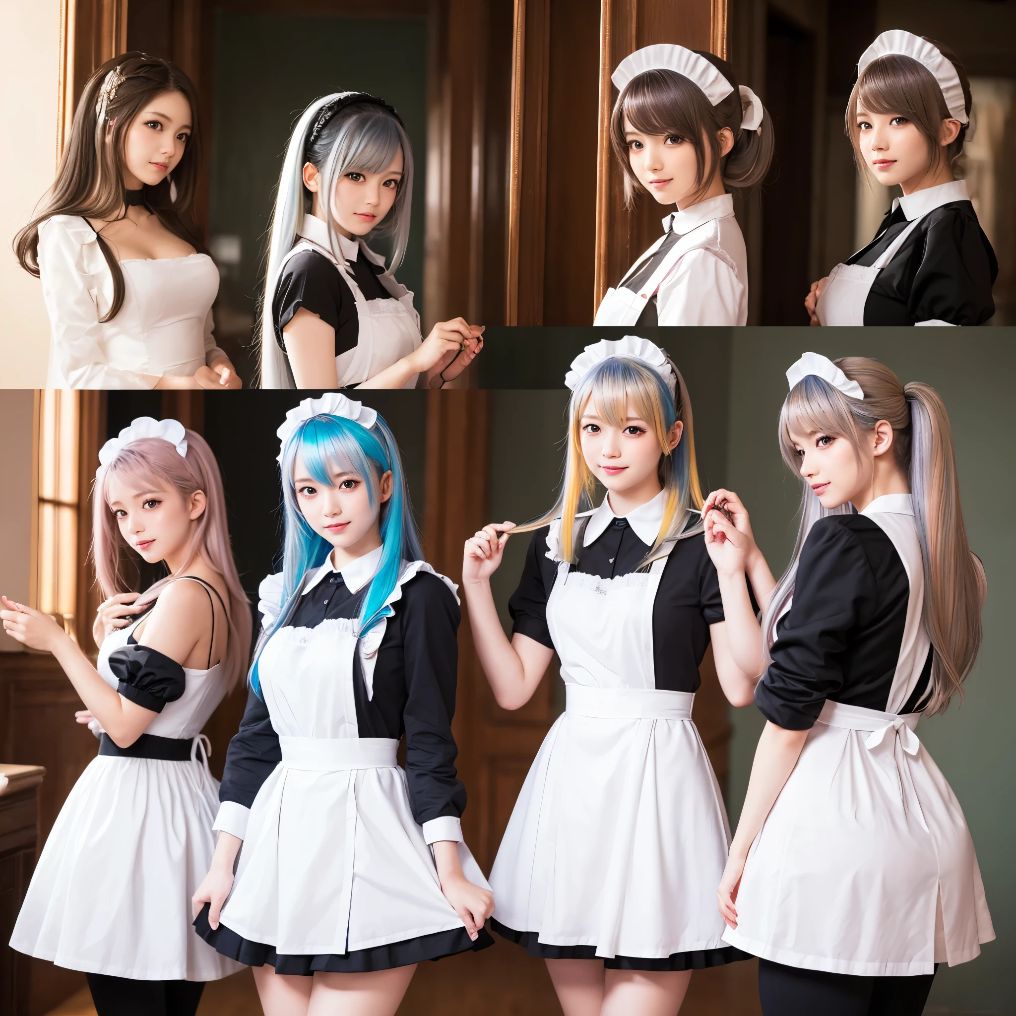 (Fisheye Lens Full Body wide Shot), (Extremely Detailed((Kawaii Maid Group in a row:1.37))), Childish perfect face, Reflective Eyes, Detailed(Delicate Clothing textures), Dynamic Joyful Expressions LifeLike Rendering, Specular Reflection, TopQuality 8K Ultra-detailed masterpiece (ProfessionalPhoto:1.37), (Acutance:0.8), (Luminism:1.28), (Renaissance art style), Colorful Light particles, ((Full body from side)), {MicroMini(SkirtLift)|Kissing|Hugging|Undressing}, Radiant Fine Skin with Transparency, (Exposed:0.5), (Different Types of Anime Hair Color Variations:1.6), Perfect Lighting
