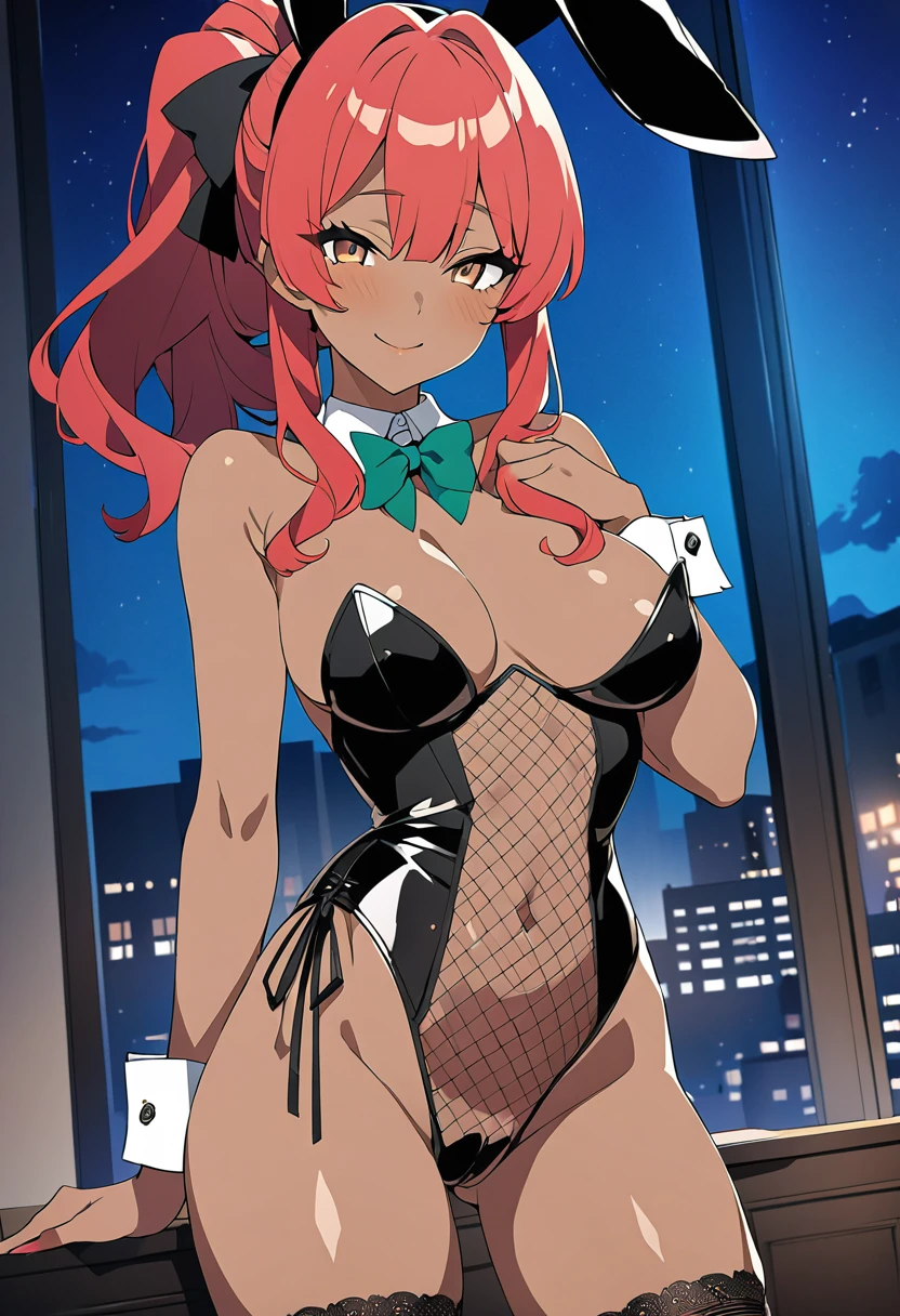 ((masterpiece)), ((best quality)), ((illustration)), ((anime coloring)), ((8k)), nsfw, vulgarity, (pointy breasts), narrow waist, ((black detailed made of netting all sheer playboy bunny)), stockings, cute, a anime 20s female, ((dark skin:1.4)), red hair, green tale, ponytail, smile, ((front view)), bedroom, night,