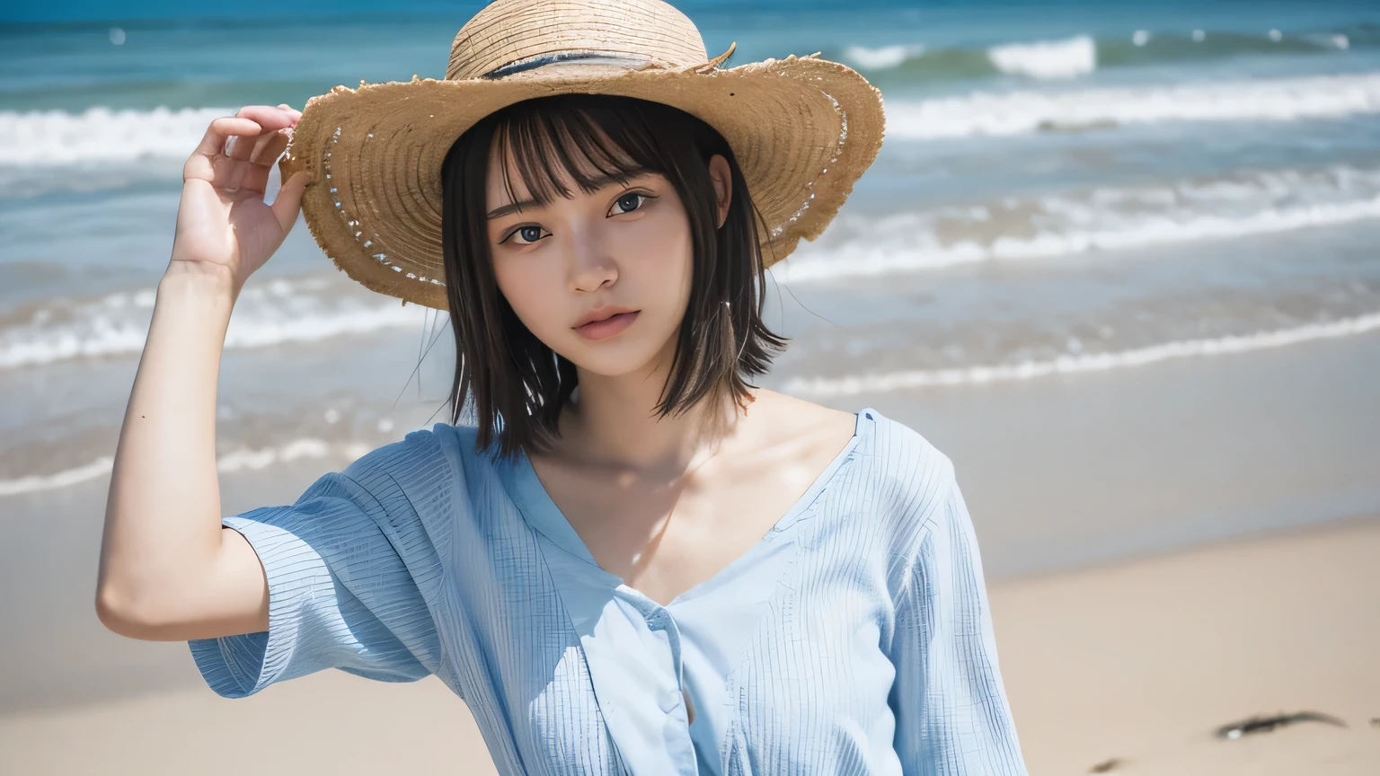 Highest quality,masterpiece,(Realistic:1.4),RAW Photos,(Real skin texture_1.3),One person,alone,bangs,short hair,Wearing a dress、She is holding her clothes with both hands, revealing a glimpse of her pants.、The background is the sea、Wearing a straw hat、Japanese women、19 years old
