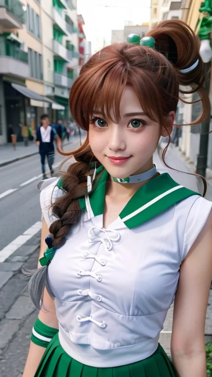 Highest quality、Realistic、、Sailor Jupiter、、Sailor Senshi Zoom、Orange eyes、Gray Hair、ponytail、Reinforced Body、Green collar sailor uniform、Green pleated mini skirt、Pink ribbon、White long gloves、thin、Appropriate smile、Busy Street、Bust Shot、