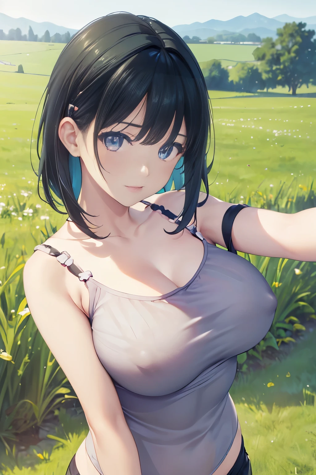 masterpiece,High resolution,Highest quality,In the grassland, (Portrait), Upper body photo, Cute Face,((Facing forward))、Black Hair、((Shooting from the front:1.5)), ((Tight camisole:1.5)), ((Big Breasts:1.5)), See-through nipples