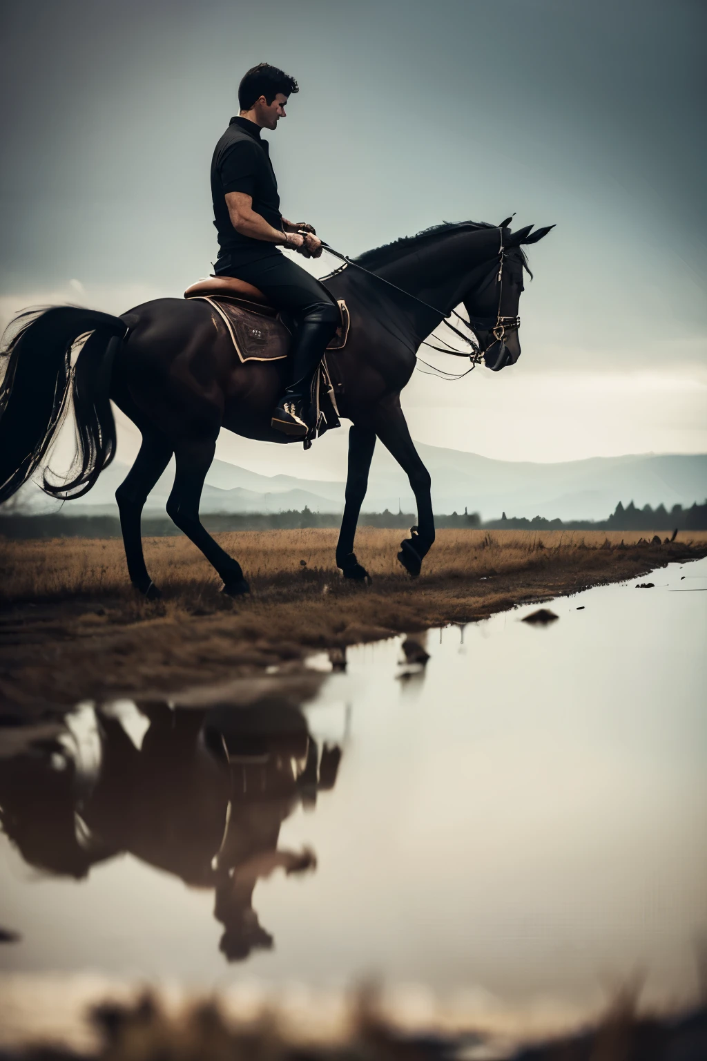 A gloomy dark-haired rider in a shirt and trousers and tall black boots,  A hunched rider sits on a black horse,A sword hangs on the saddlebow, Road, Fields on either side, side view