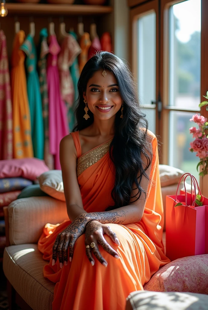 Applying henna on hands after shopping carrying shopping bags in a clothing store named suhagan sarees