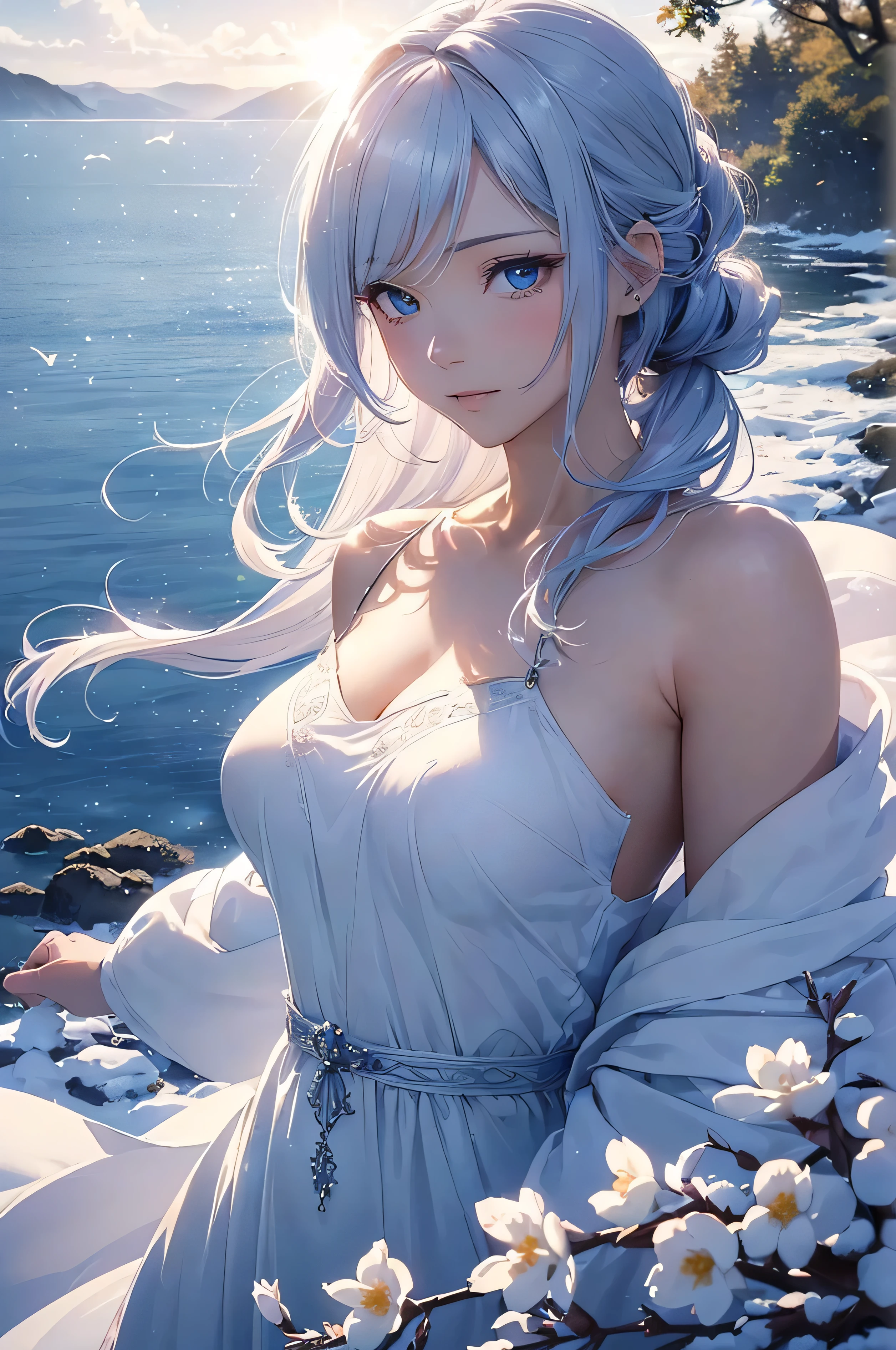 character: A beautiful woman, legendary, fairy, adult, (( white hoodie, innocent, manner)) ((((realistic oil art, 46-year-old Empress, vibrant look, with silver-bluish color hair, modest)), perfect body figure, very big breast, very big ass, beautiful face, milf, royal, shine eyes, blue eyes, ponytail long hair style, beautiful skin, Tachibana Omina art style, affectionate eyes, half a smile, a gentle expression on his face, serene scenery of spring under the snow, snow flake floating around, calm, breeze, sun, lake, reflection, in the background, butterflies in the sky, realism, ((Best quality))),8k,((Masterpiece)),(Extremely refined and beautiful), details: 1girl, masterpiece, extremely detailed, (beautiful detailed glow), lens flare, red flare lens, sun flare, clouds, backlighting, (blue sky) , light from behind, shadow on the figure, sparkling light , standing in the distance, looking at the viewer, full-length , elegance under the sun, hair ornament, movement motion, image look alive, Extremely details hair, fine details, cinematic lighting, beautiful lighting effect, creative design, full body frame, divine aura, hard harmony , sun light, perfect color transition, perfect balance of contrast, perfect color layer, perfectly smooth color blur, soft rendering, smooth color stroke, light glare, optic lens, light ray, soft colors, smooth colors blend, perfect color rendering, harmony, perfect color harmony, beautiful color, soft harmony, light particles, perfect details, intricate details, color prism, fine details, refine details, different view point)))