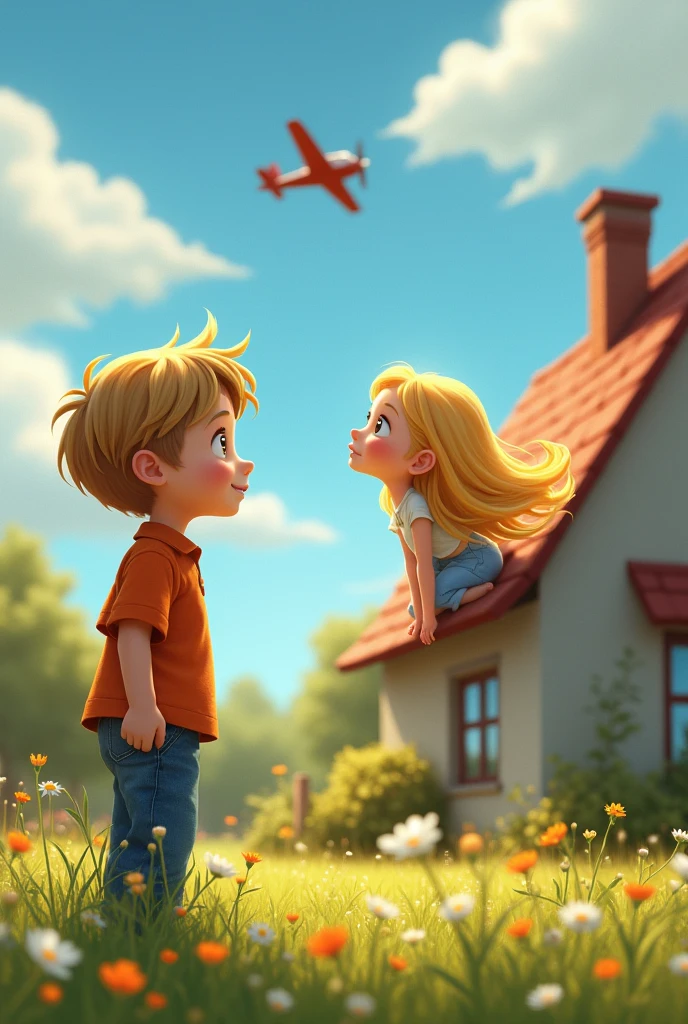 Young boy is looking at a young girl standing on the roof, from below the house, with loving eyes, looking towards the plane,