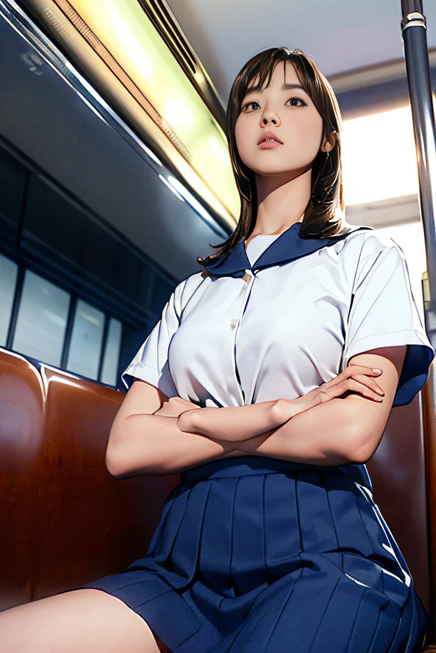 High-definition images, Atmospheric perspective, 8K, Very detailed, precise, best quality,
1 girl, Solitary, Chest, Looking at the audience, (Look at the audience,:1.5),
Brown hair, Brown eyes, parted Lips, underwear, Underwear, (Japanese school uniforms),
(Navy blue skirt), (Sitting on a train seat:1.5), underwear, , parted Lips,
Lips, (Navy blue skirt), Cowboy shooting, (((Spread your legs, Cross your arms))), showing sexy White :1.5), Practical ,
(White, Collared shirt, Ribbon Tie),
(Don't expose your upper body:1.5),
(Turn your body towards the audience:1.5) , (From below, look up:1.5), ((15 year old Japanese girl, Short Bob))