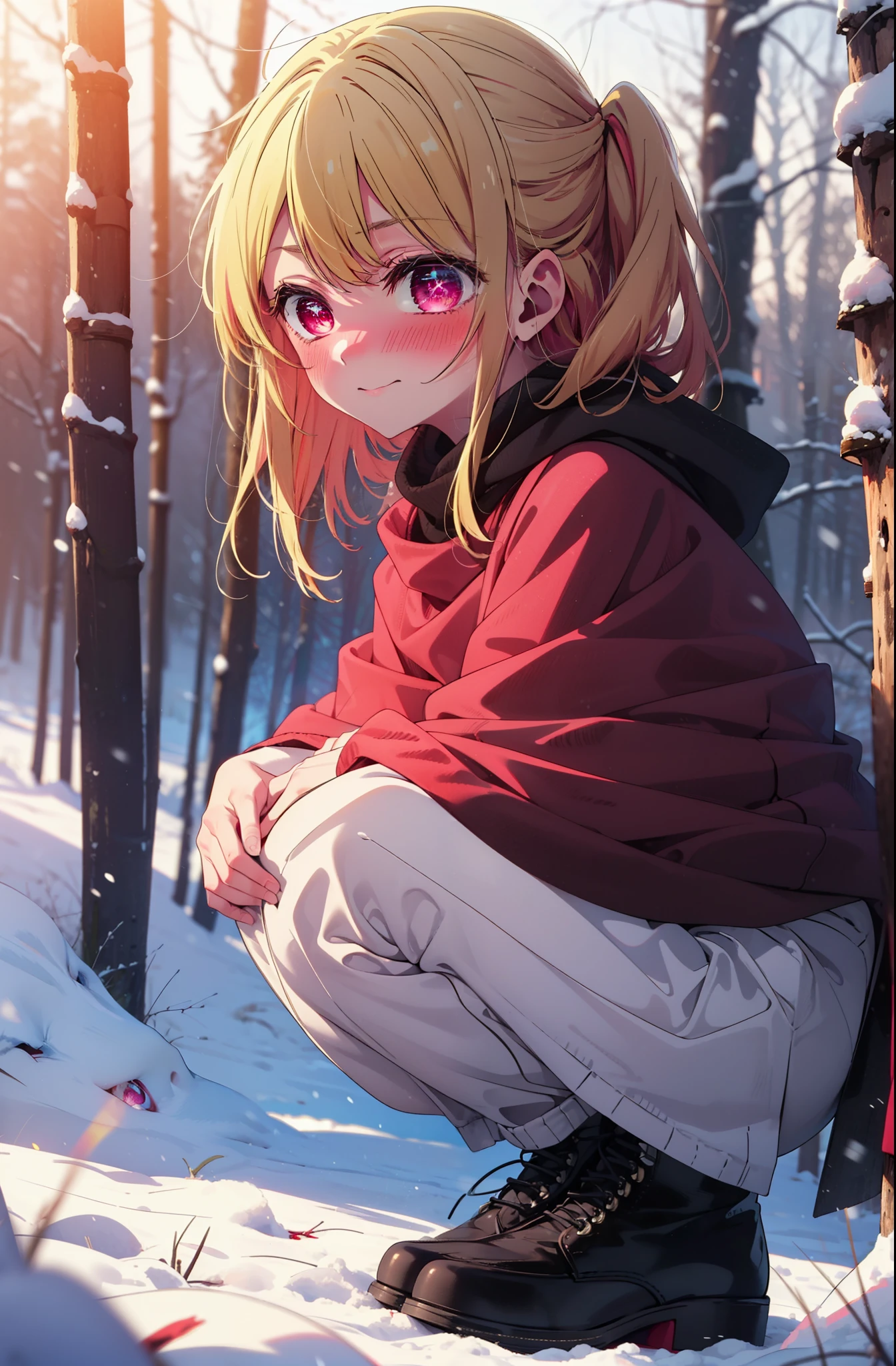 rubyhoshino, Hoshino Ruby, Long Hair, bangs, Blonde, (Pink Eyes:1.3), Side Lock, (Symbol-shaped pupil:1.5), Multicolored Hair, Two-tone hair, smile,,smile,blush,white breath,
Open your mouth,snow,Ground bonfire, Outdoor, boots, snowing, From the side, wood, suitcase, Cape, Blurred, , forest, White handbag, nature,  Squat, Mouth closed, Cape, winter, Written boundary depth, Black shoes, red Cape break looking at viewer, Upper Body, whole body, break Outdoor, forest, nature, break (masterpiece:1.2), Highest quality, High resolution, unity 8k wallpaper, (shape:0.8), (Beautiful and beautiful eyes:1.6), Highly detailed face, Perfect lighting, Highly detailed CG, (Perfect hands, Perfect Anatomy),