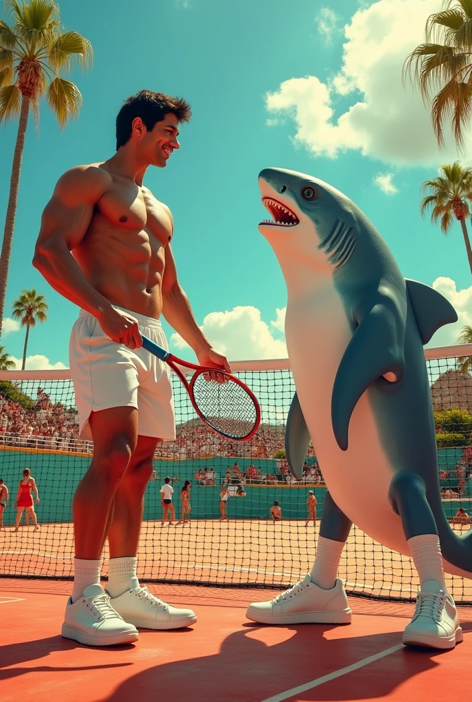 a Greek god ,a big black guy ,a Japanese guy with a big butt,a shark with white legs ,playing court tennis