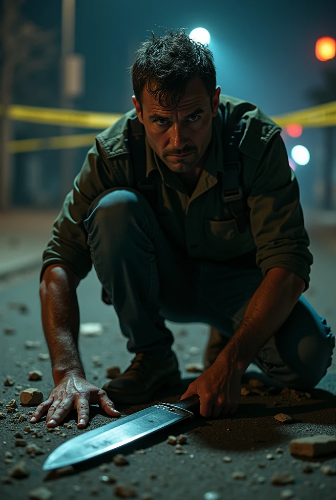 ultrarealistic, realistic, 4k, crime scene, textured skin, candid, investigating, knife, man