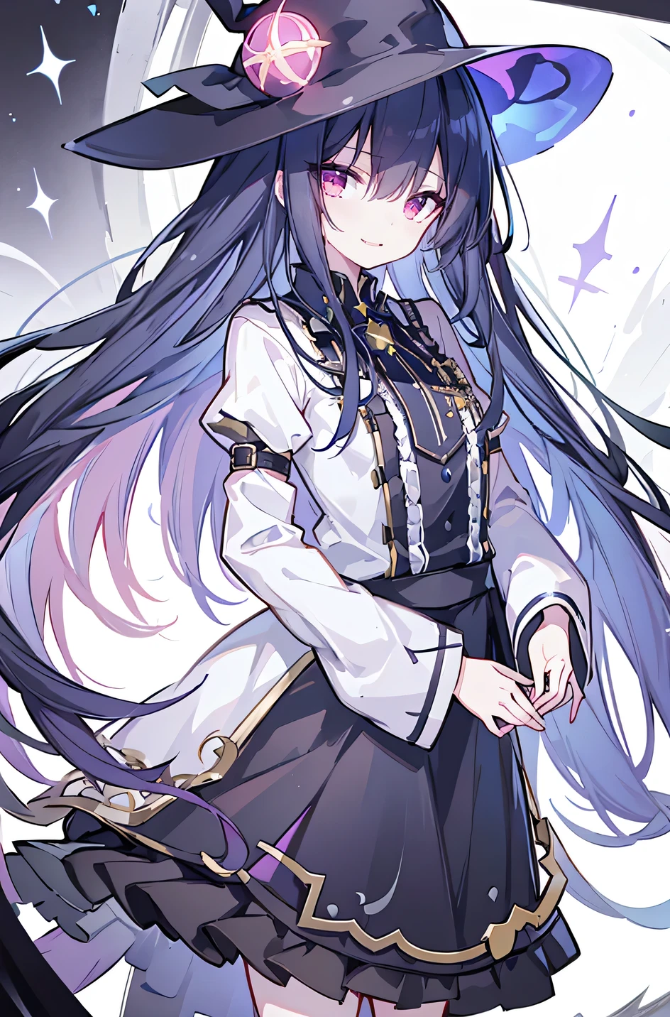 oung Girls,Humanity,A magician always smiles,big witch hat,cute,dark blue long hair,The eyes are dull,The bangs are heavy,Thin eyebrows,fantasy,intake,Double teeth,Star Theme,Constellation pattern,Solid color clothetal decoration,cloak,A bit of a dark atmosphere,A little crazy smile,When the big moon shines outside at night,blood,Hair black star embellishment,Short tie,No nails,High waist skirt,Bell sleeves,Long-sleeved shirt,Black tie,low risk,gentlemen。Mist、Yellow and white effect，Shocking pink as an accent color