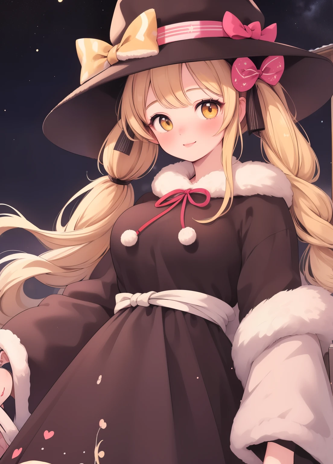(masterpiece、Highest quality、Highest quality、Official Art、Beautiful and beautiful:1.2)、(One person:1.3)Hatsune Miku、Twin tails,Beautiful breasts, Katsushika Hokusai,Maetel, Long Hair, Blonde,Fur trim, Black Hat, Fur hat, dress,(Cowboy Shot:1.1), Yellow Eyes, (luggage:1.1), vapor (station:1.1),stationのプラットホーム,  night, Milky Way,999 Highest quality, Very detailed, masterpiece, Absurd,8k,   (Detailed eyes, Deep Eyes),photoRealistic, Realistic,Detailed skin texture, Detailed pupil,High resolution,
1 Female,(Happy:1.1),smile, (Angular face:1.2),Shining Face,Large Breasts, (Tight waist:1.1), Lip Makeup,Long eyelashes