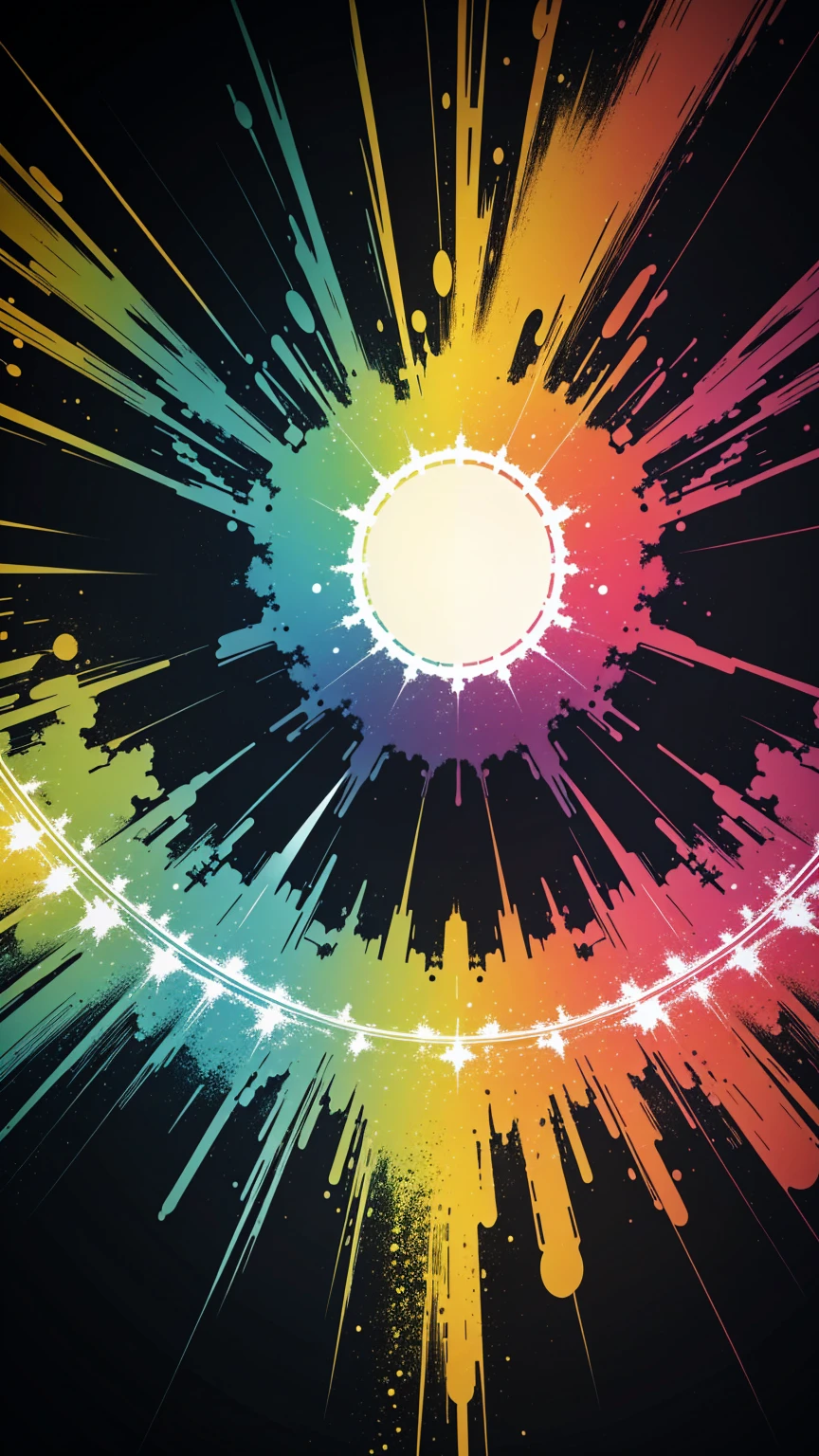 (masterpiece, Highest quality, Very detailed, 8k wallpaper), Abstract color splashes, Rainbow vibrant, sharp、Radiating outward from the center