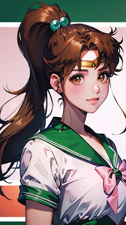 Highest quality、Realistic、、Sailor Jupiter、、Sailor Senshi Zoom、Orange eyes、Gray Hair、ponytail、Reinforced Body、Green collar sailor uniform、Green pleated mini skirt、Pink ribbon、White long gloves、thin、Appropriate smile、Busy Street、Bust Shot、