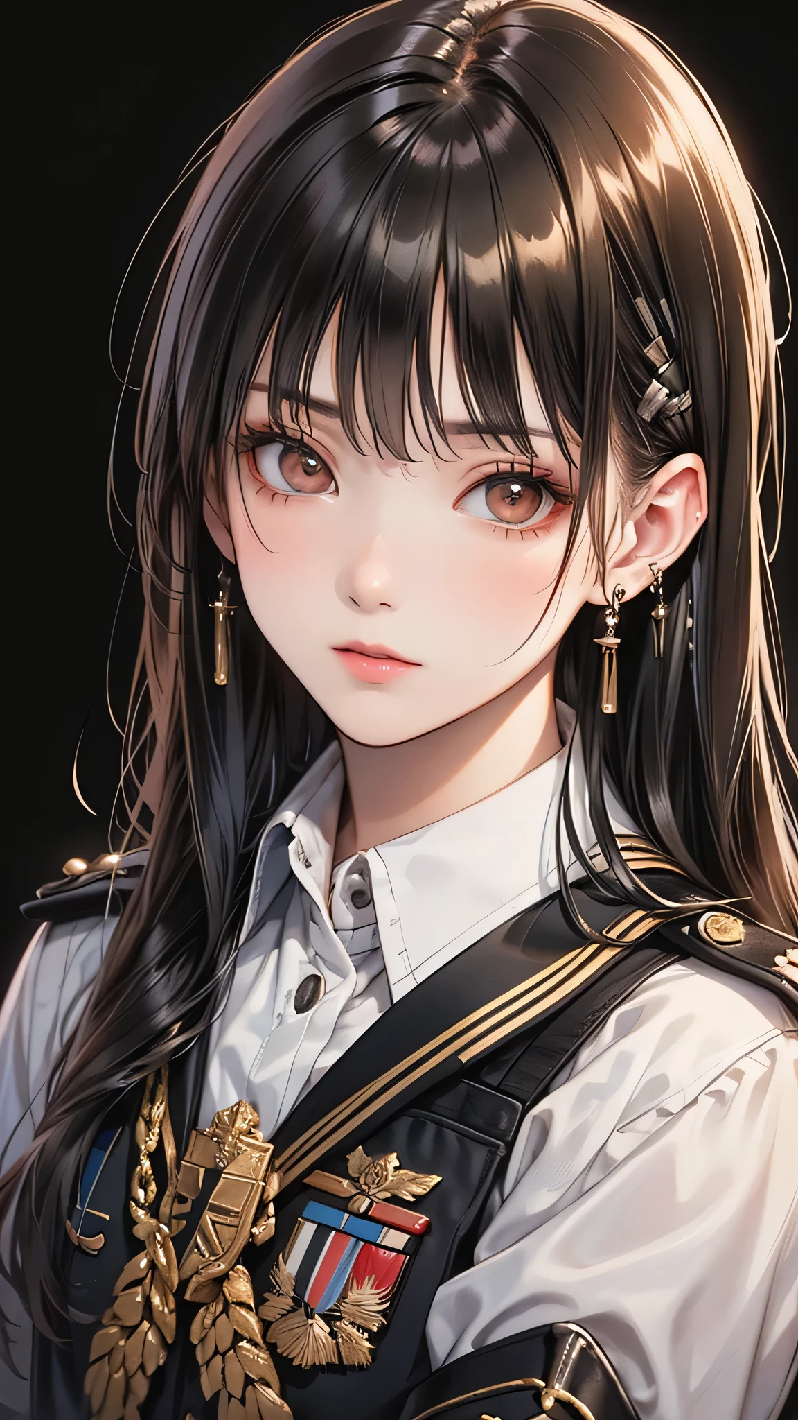 (masterpiece:1.2, Highest quality), 1 Female, alone, photoRealistic, SF film, sf, sf, bio, Upper Body, Mid-chest, Focus on the face, Realistic, Pastel drawing, Powerful, intellectual, sensuous, Detailed eyes (Intimidating look, Brown eyes) In good detail, Long black hair, The best CG, (wearing German red 2 world bio general uniform), army, Area Force,  The greatness of army,