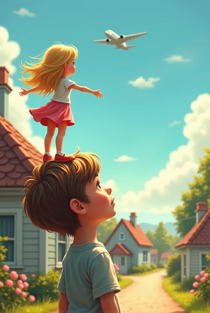 Young  boy is looking at a young girl standing on the roof, from below the house, with loving eyes, looking towards the plane,  road se look
