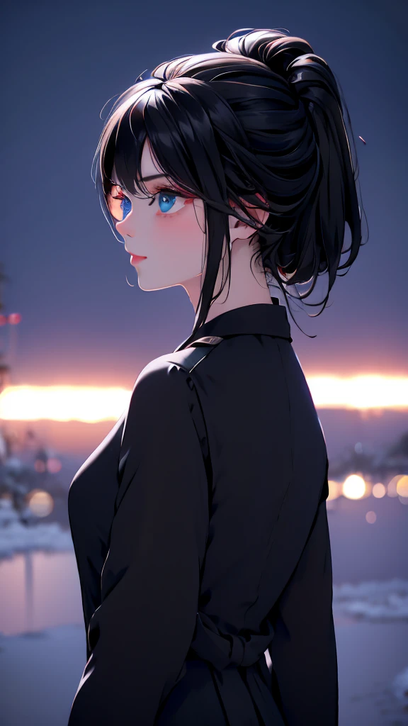 1 girl socute , medium light black hair, light blue eyes, wearing Black suit 4D , night city , absurdres , high res, ultrasharp, 8K, masterpiece, looking from behind
