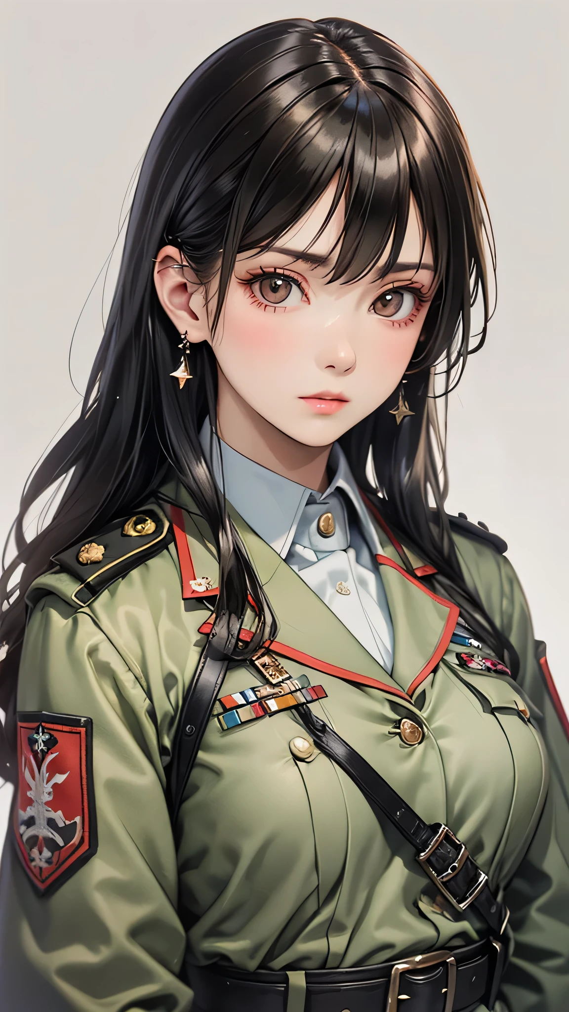 (masterpiece:1.2, Highest quality), 1 Female, alone, photoRealistic, SF film, sf, sf, bio, Upper Body, Mid-chest, Focus on the face, Realistic, Pastel drawing, Powerful, intellectual, sensuous, Detailed eyes (Intimidating look, Brown eyes) In good detail, Long black hair, The best CG, (wearing German red 2 world bio general uniform), army, Area Force, The greatness of army,