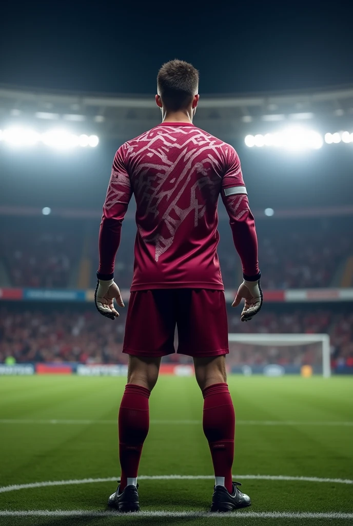 A soccer jersey design for a goalkeeper in maroon with white, featuring a modern design on the front and back that doesn't show the player's face.