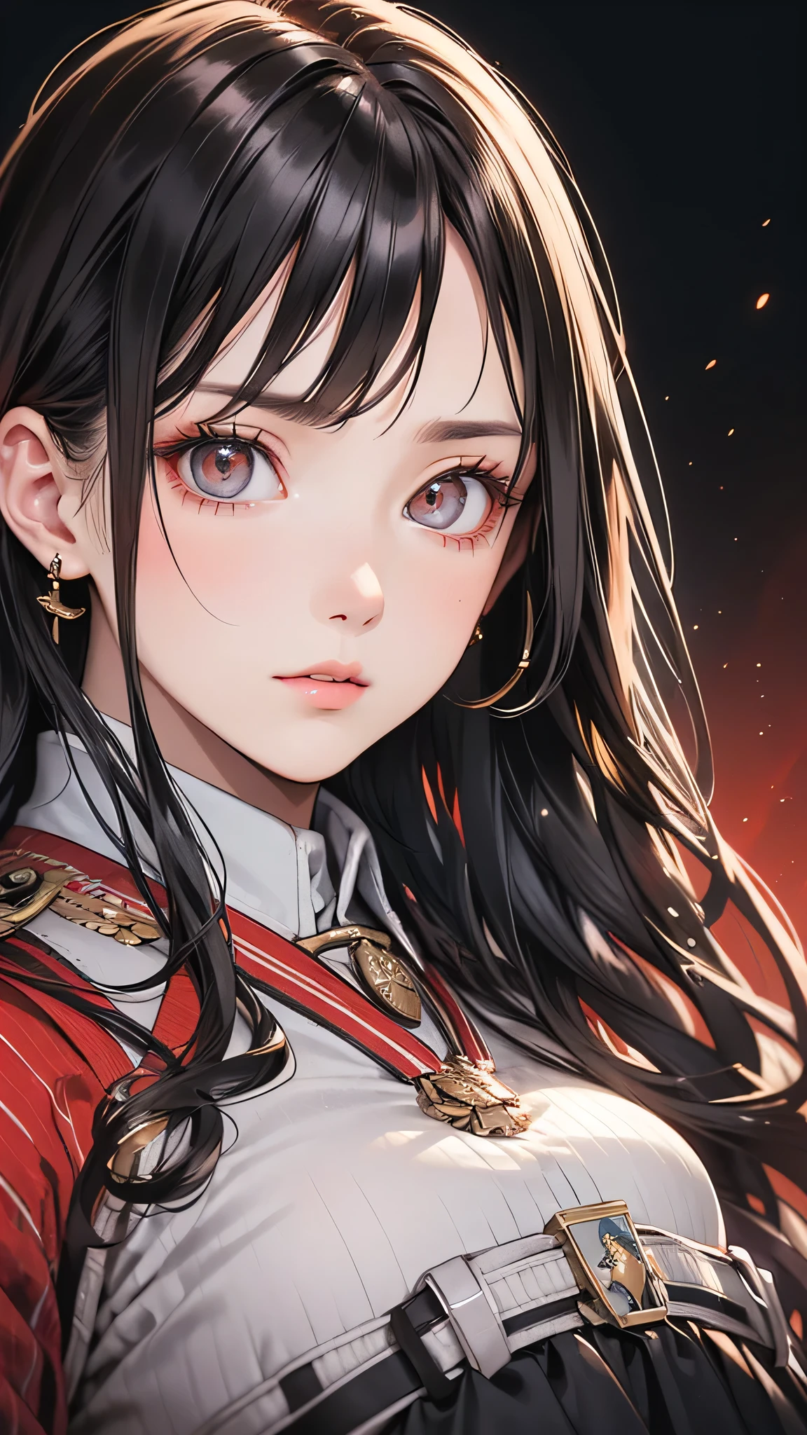 (masterpiece:1.2, Highest quality), 1 Female, alone, photoRealistic, SF film, sf, sf, bio, Upper Body, Mid-chest, Focus on the face, Realistic, Pastel drawing, Powerful, intellectual, sensuous, Detailed eyes (Intimidating look, Brown eyes) In good detail, Long black hair, The best CG, (wearing German red 2 world bio general uniform), army, Area Force, The greatness of army,