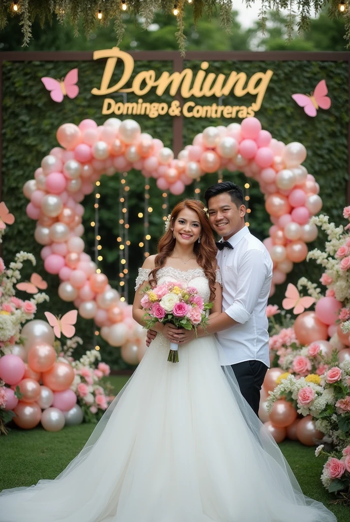 Real couple pinay Pinoy wedding with name wall "Happy wedding Domingo & Contreras" background flowers shape Heart baloons butterflies from camera
