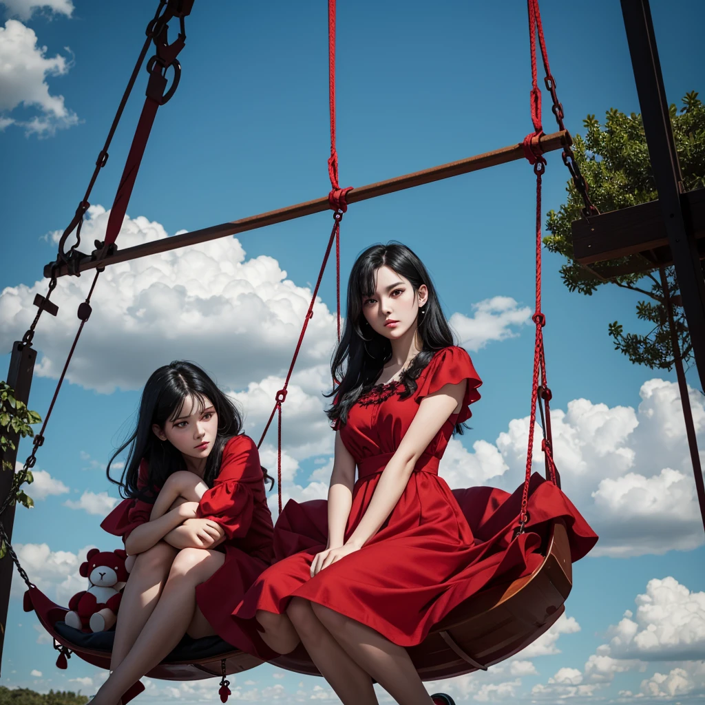  in red dress and has tall black hair. Her eyes glow red and she is evil. She holds plushie bear and sitting on the swing. The sky is chaotic. Her skin is pale