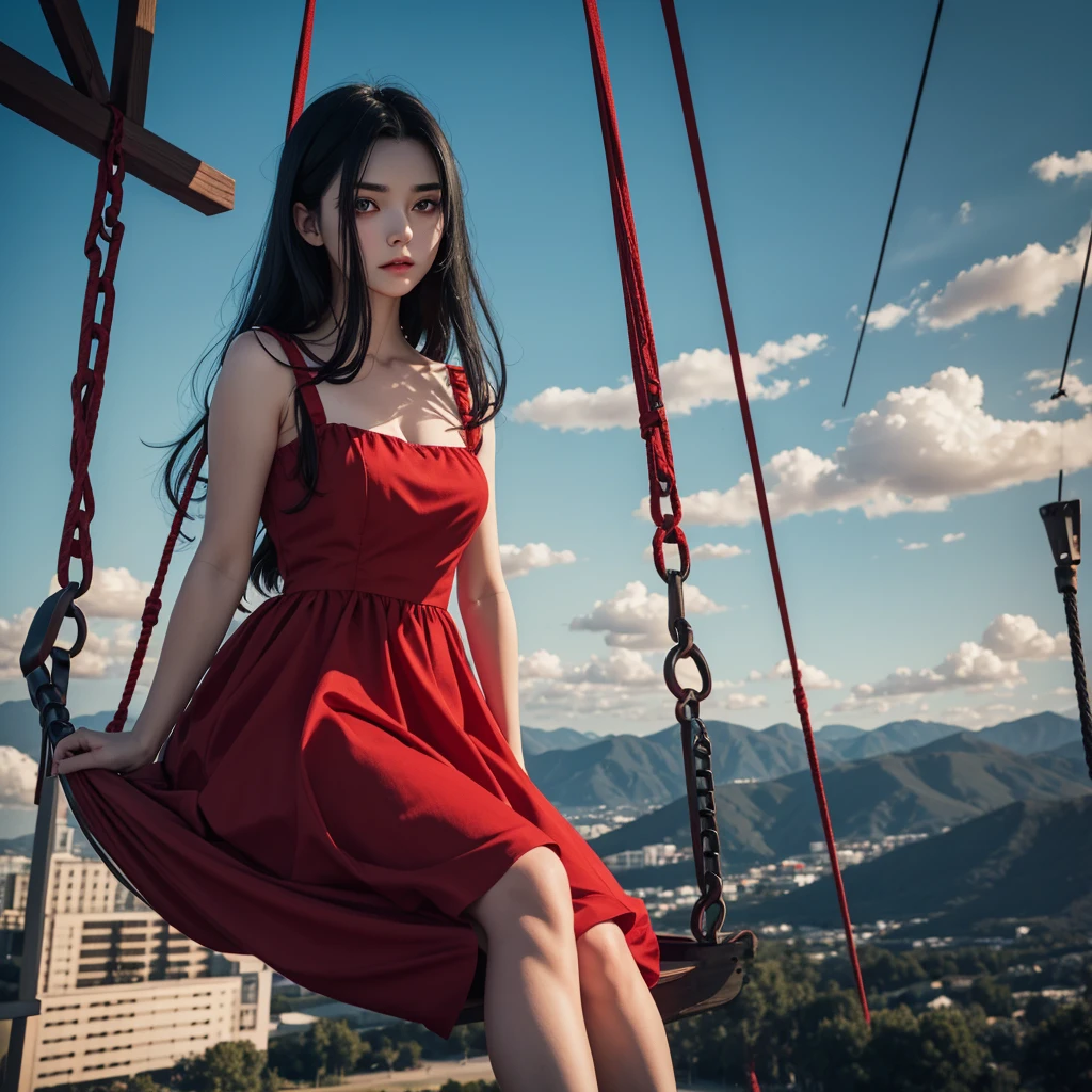  in red dress and has tall black hair. Her eyes glow red and she is evil. She holds plushie bear and sitting on the swing. The sky is chaotic. Her skin is pale