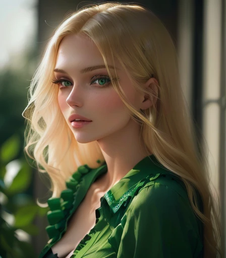 a close up of a woman with long blonde hair wearing a green shirt, anna nikonova aka newmilky, blonde woman, beautiful blonde woman, beautiful blonde girl, anastasia ovchinnikova, yelena belova, photo of a beautiful woman, aleksandra waliszewska, a gorgeous blonde, dasha taran, blond hair green eyes