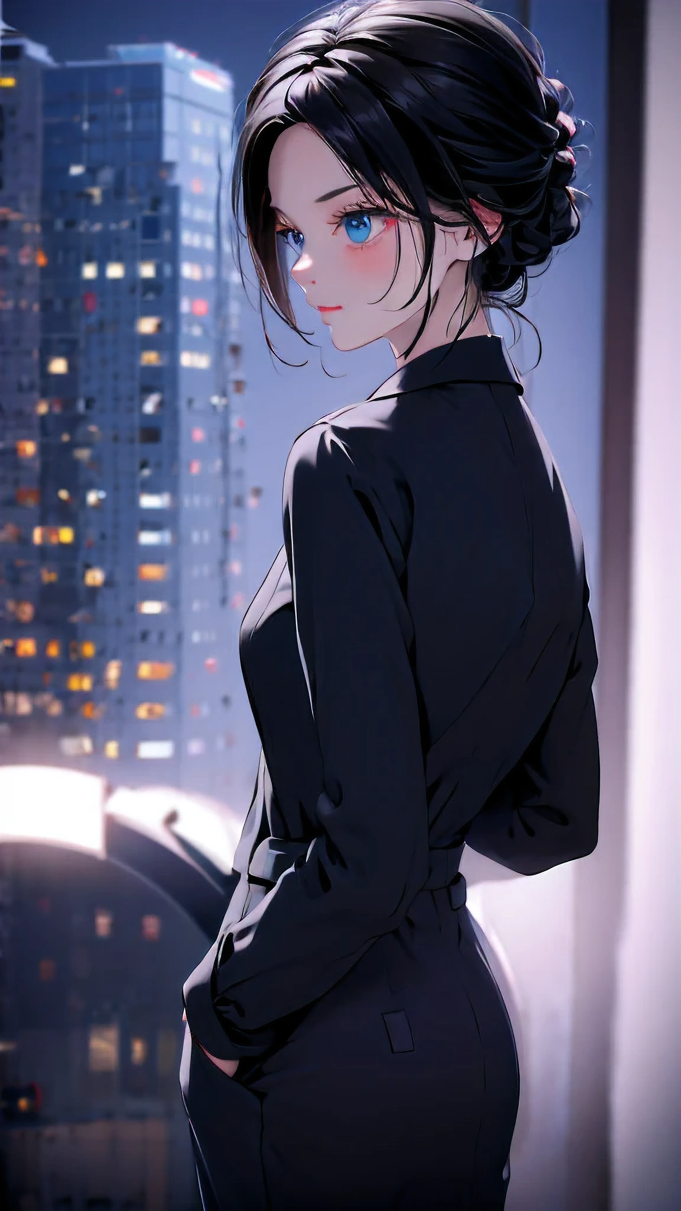 1 girl socute , medium light black hair, light blue eyes, wearing Black suit 4D , night city , absurdres , high res, ultrasharp, 8K, masterpiece, looking from behind