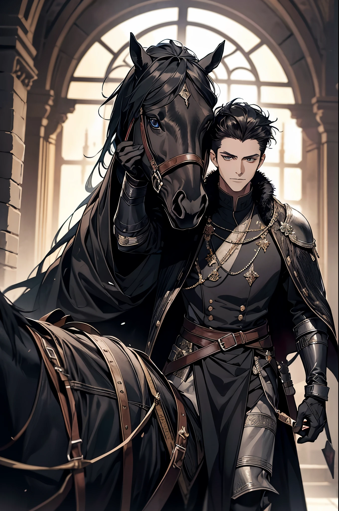 1 man, adult,middle age, 35 years old, ใบหน้าที่เป็นadult, short black hair ((Quiff Hairstyles)), blue eyes, Clear and detailed eyes, handsome, high, The nobleman rode a horse., black clothes,black armor,Black fur shawl,A long spear in hand,riding a black horse((A jet black horse)) , The horse's eyes are red, quiet, condescending, Medieval Fantasy, Medieval castle background, dark fantasy, (light color, Dynamic shading), side view, look at viewer