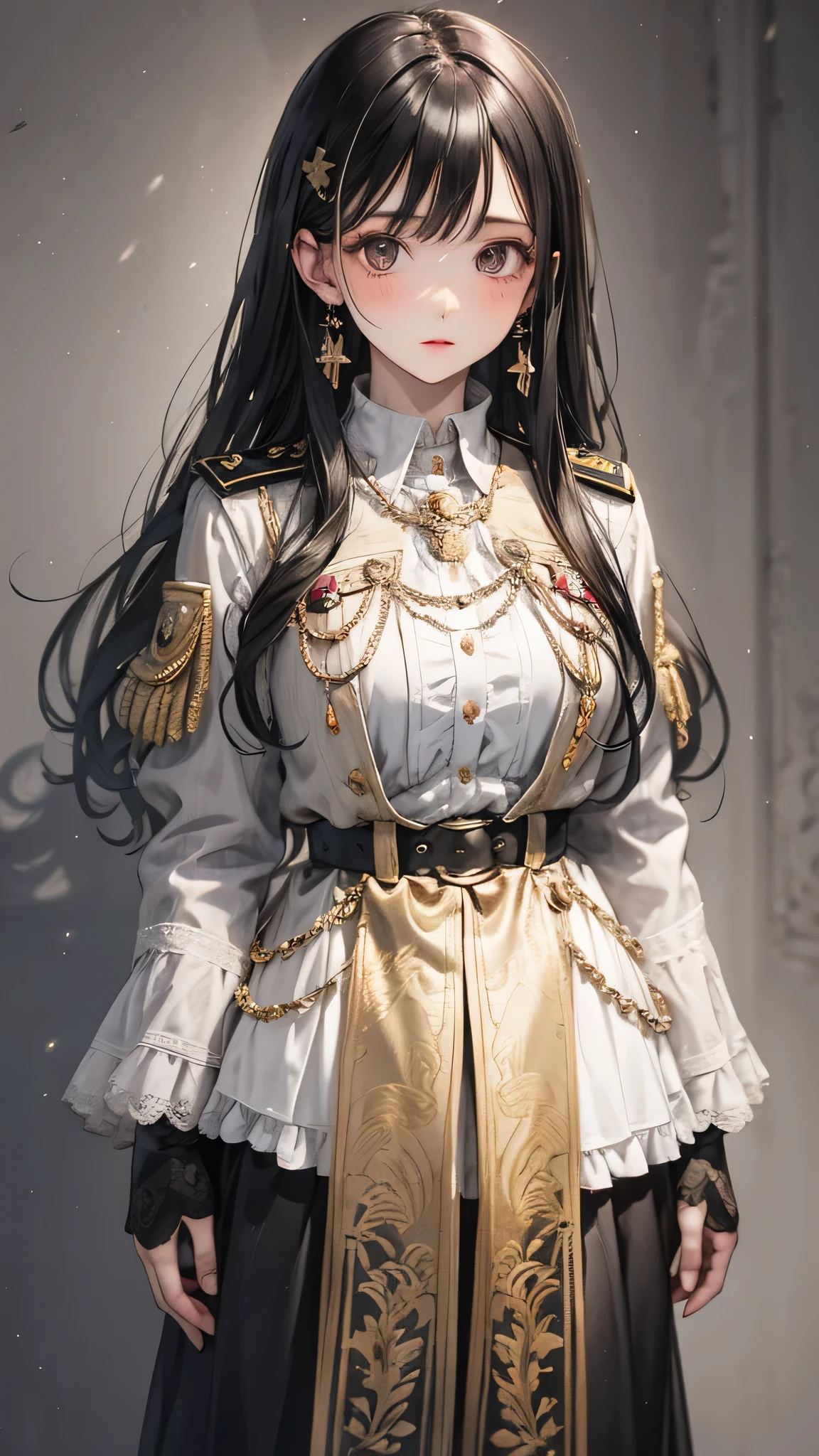 (masterpiece:1.2, Highest quality), 1 Female, alone, photoRealistic, SF film, sf, sf, bio, Upper Body, Mid-chest, Focus on the face, Realistic, Pastel drawing, Powerful, intellectual, sensuous, Detailed eyes (Intimidating look, Brown eyes) In good detail, Long black hair, The best CG, (wearing German red 2 world bio general uniform), army, Area Force, The greatness of army,
