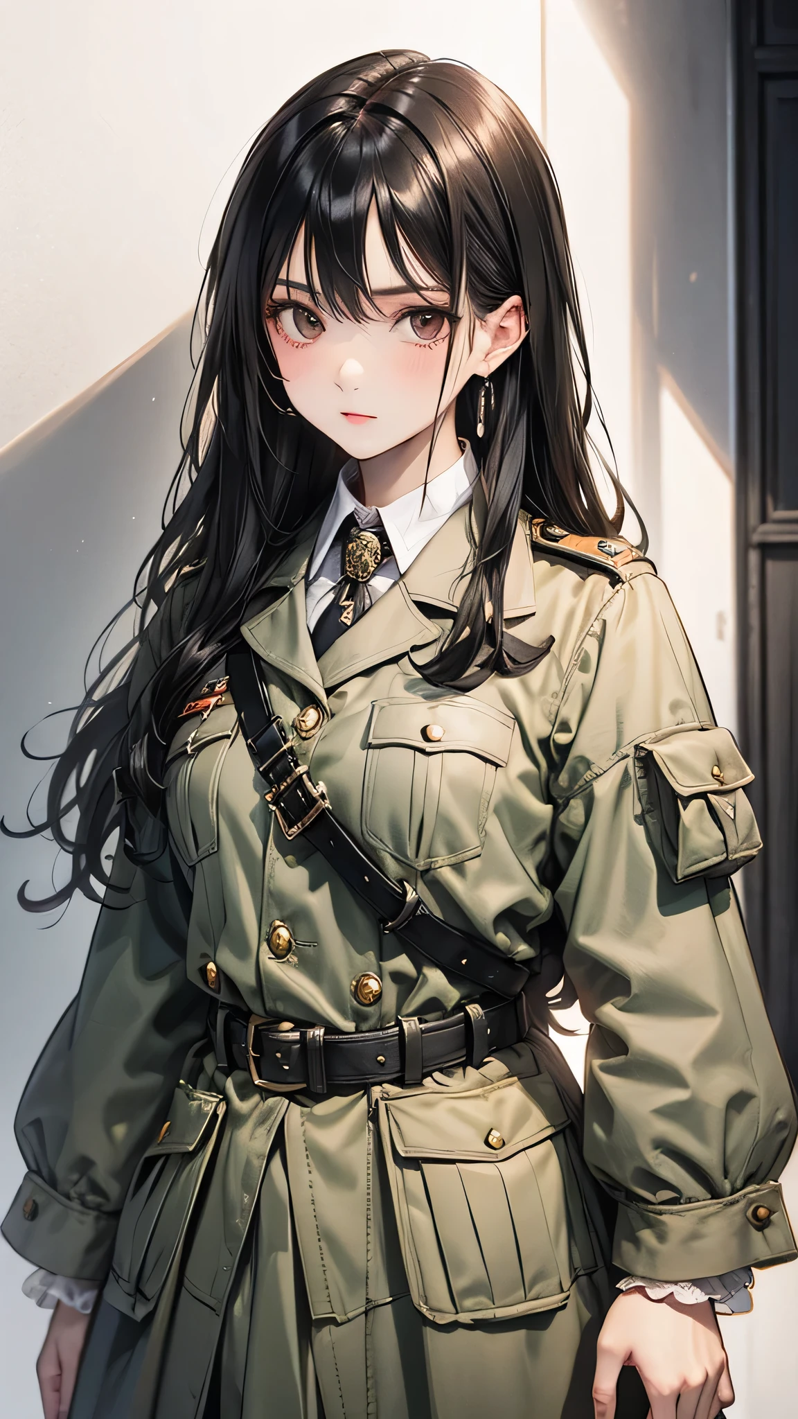 (masterpiece:1.2, Highest quality), 1 Female, alone, photoRealistic, SF film, sf, sf, bio, Upper Body, Mid-chest, Focus on the face, Realistic, Pastel drawing, Powerful, intellectual, sensuous, Detailed eyes (Intimidating look, Brown eyes) In good detail, Long black hair, The best CG, (wearing German red 2 world bio general uniform), army, Area Force,  The greatness of army,