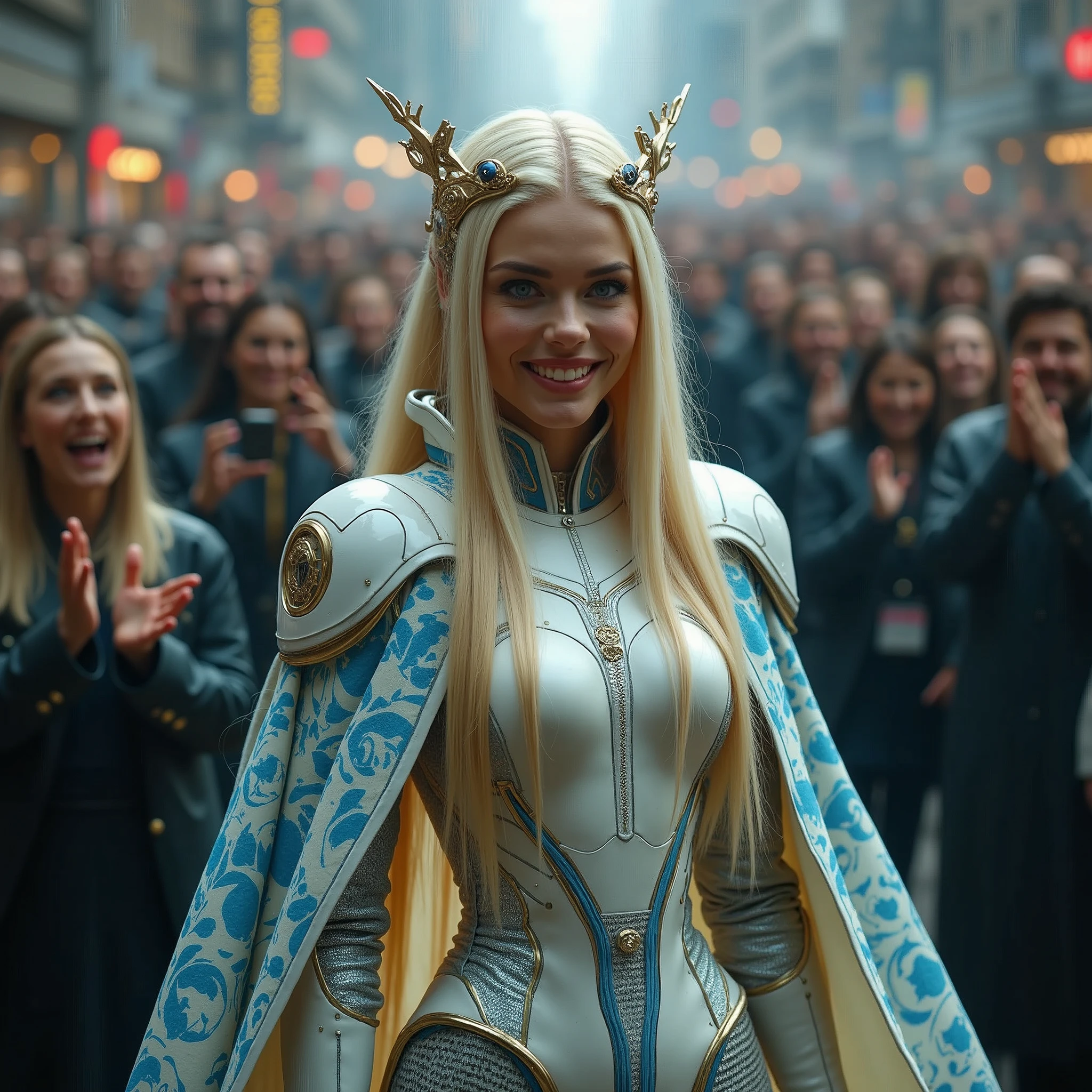 full body, full shot, in the midst of a cheering crowd, A queen smiles. The tension is intense, the queen is a woman 30 years old, very long straight hair, very blond hair, slim, blue eyes, wearing a cream and blue color futurist long royal dress with a printed circuit board cape, mix of armor and dress, stiletto heels, intense gazing eyes, as a conceptual AI, ultra-resolution, intricately detailed, full shot, from face, 8k by Helmut Newton