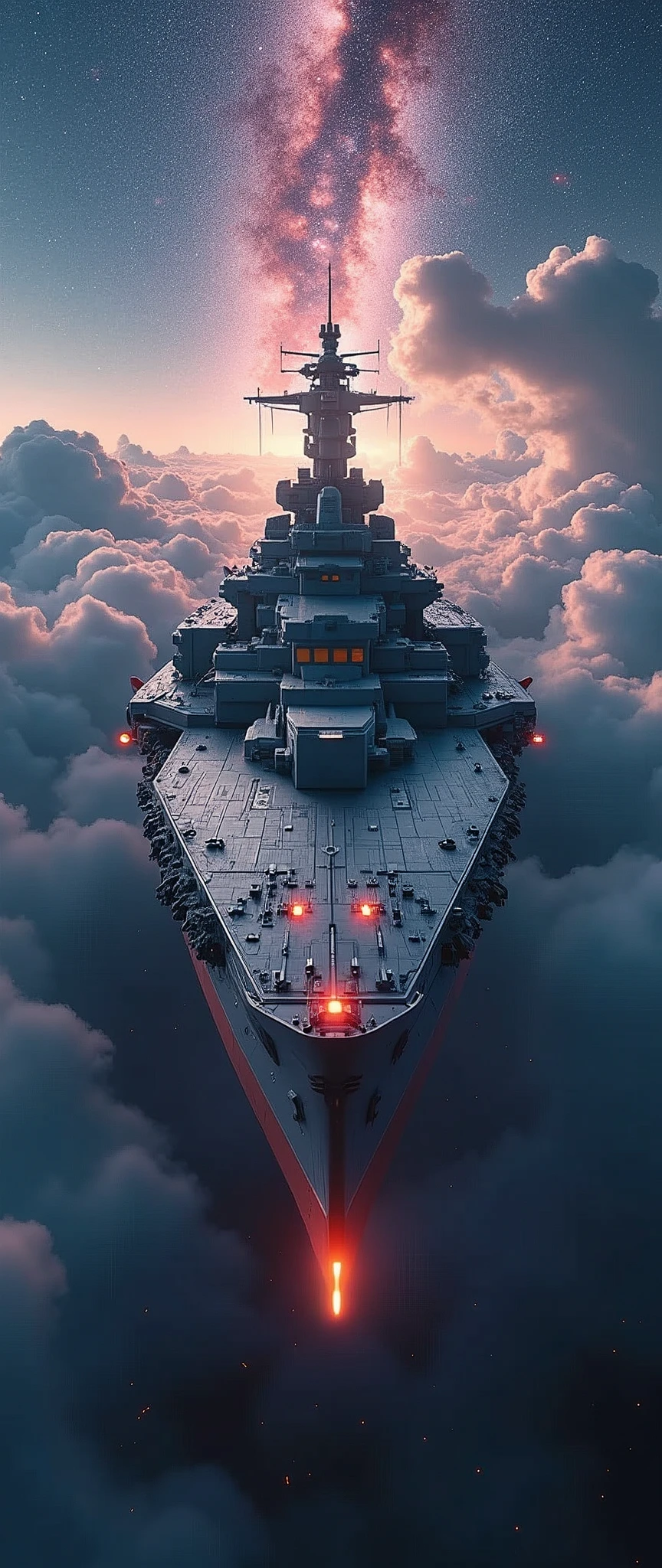 masterpiece,Highest quality,Ultra-high resolution,(Super detailed),8k,wallpaper,Realistic,(DSLR Canon style),BREAK(A battleship-shaped spaceship heads to the galaxy),(The bow emerges from the clouds),(sf:2.0),(A spaceship with a streamlined and futuristic design based on the Yamato battleship:2.0),(The background is space, the Milky Way, and clouds:2.0),(dynamic,Big impact,Dynamic Angles:2.0),(Beautiful particles of light are emanating from the wave motion engine at the stern:2.0),(Equipped with a wave motion gun at the bow:2.0),(Triple Electron Shock Cannon Turret Equipped),(Triple Electron Shock Cannon Turret Equipped),(Torpedo Launch Tubes Equipped),(Twin Missile Launch Tower Equipped),(Depth Charge Launcher Equipped),(Numerous Anti-Air Pulse Laser Turrets Equipped)