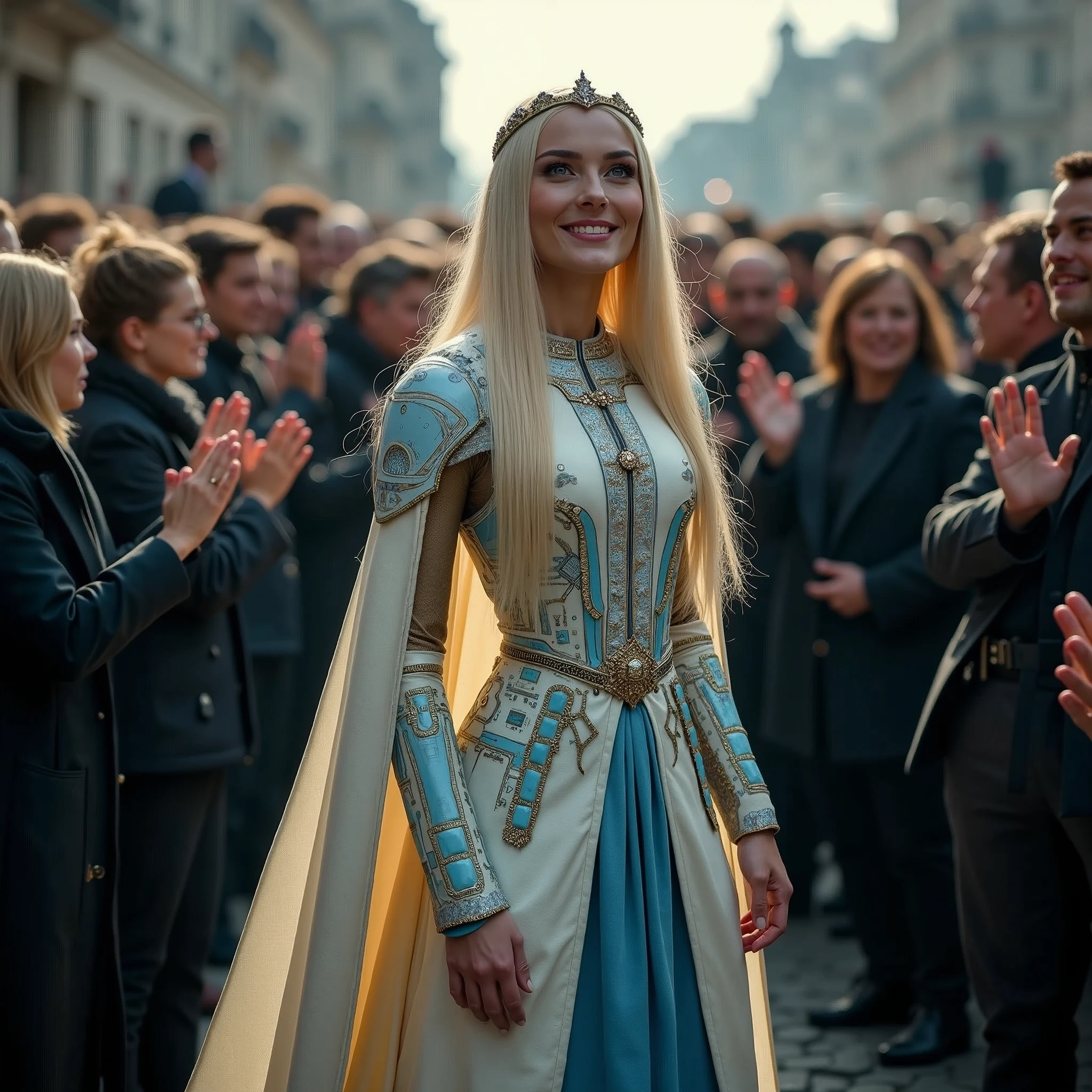 full body, full shot, in the midst of a cheering crowd, A queen smiles. The tension is intense, the queen is a woman 30 years old, very long straight hair, very blond hair, slim, blue eyes, wearing a cream and blue color futurist long royal dress with a printed circuit board cape, mix of armor and dress, stiletto heels, intense gazing eyes, as a conceptual AI, ultra-resolution, intricately detailed, full shot, from face, 8k by Helmut Newton