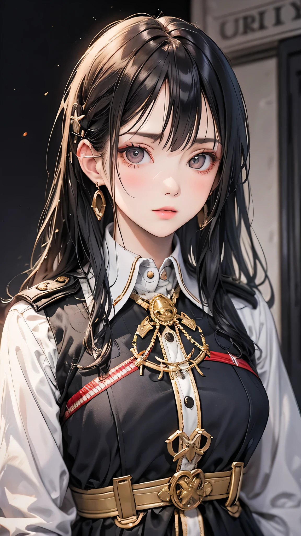 (masterpiece:1.2, Highest quality), 1 Female, alone, photoRealistic, SF film, sf, sf, bio, Upper Body, Mid-chest, Focus on the face, Realistic, Pastel drawing, Powerful, intellectual, sensuous, Detailed eyes (Intimidating look, Brown eyes) In good detail, Long black hair, The best CG, (wearing German red 2 world bio general uniform), army, Area Force,  The greatness of army,