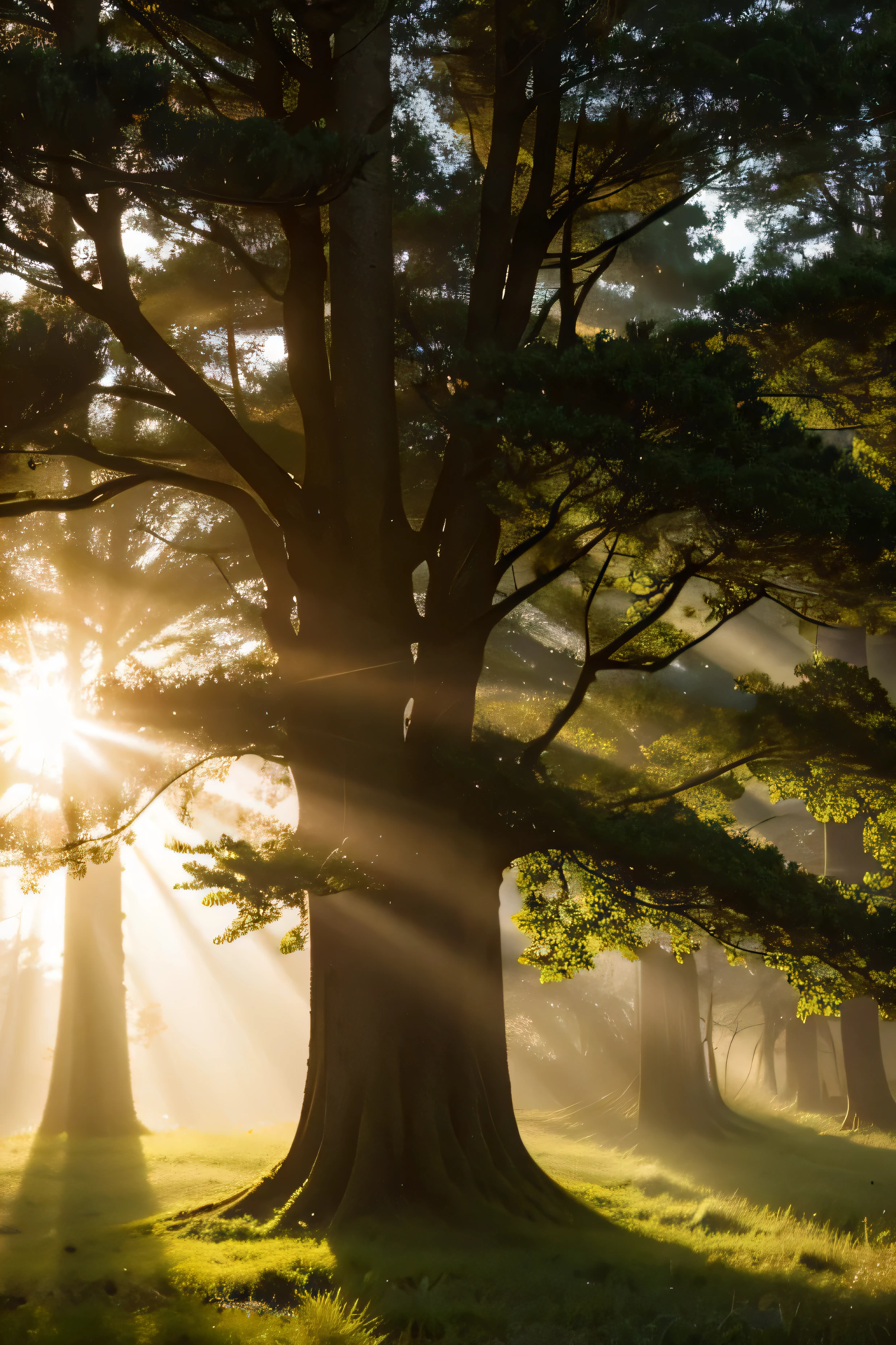 A towering tree in the forest under the morning mist，A ray of sunlight shines through，The light and shadow effects are amazing，Photography Masterpieces，4k HD