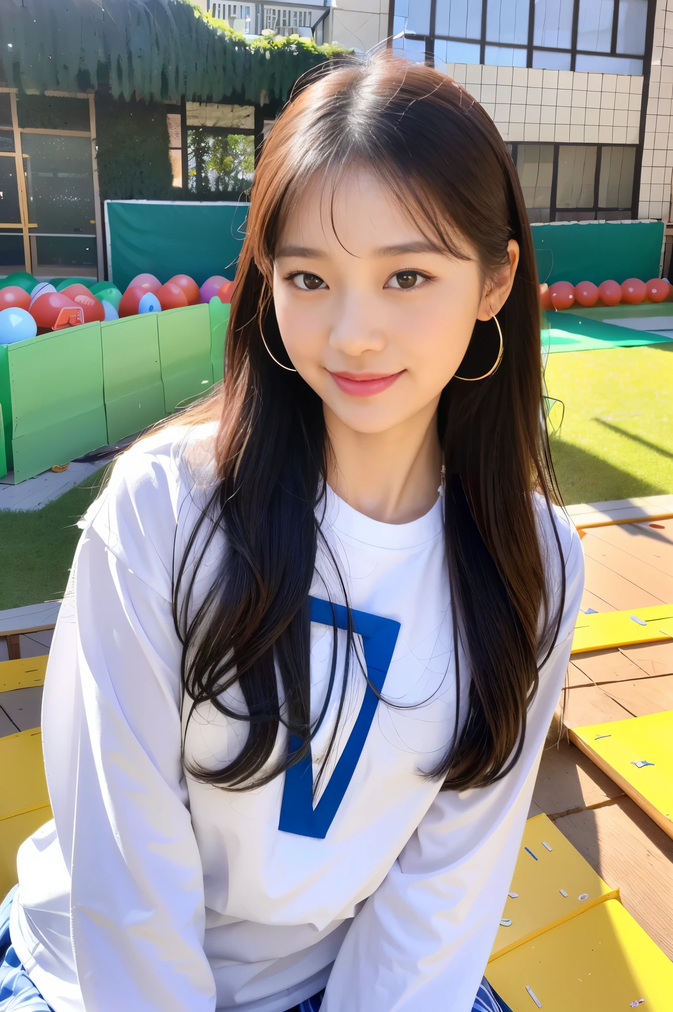 (8K), (Best Quality: 1.2), (Realistic), (Photorealistic: 1.37), Ultra High Definition, 1 Girl, Cute, Smile, Closed Mouth, Beautiful Details, Beautiful Nose, Full Body, Wet Hair, Colossal Dalsefo, Pony tale hair style, white T-shirts, (kintergarden teacher:1.3), (kintergarden park),(One woman is Educating kindergarten students:1.6), KOREAN