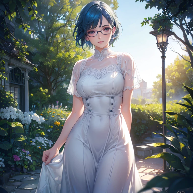 Beautifully detailed eyes, Beautifully detailed lips, Extremely detailed eyes and face, Long eyelashes, White dress, Wearing glasses, Blue hair, Short hair, Standing in a garden, Girl hiding her right arm behind her back, Atmospheric lighting, Detailed foliage, Vibrant colors, (Highest quality, 4k, 8k, High resolution, Masterpiece: 1.2), Ultra detailed, (Realistic, Photorealistic, Photorealistic: 1.37), Intricate background, Dreamy atmosphere, Cinematic lighting