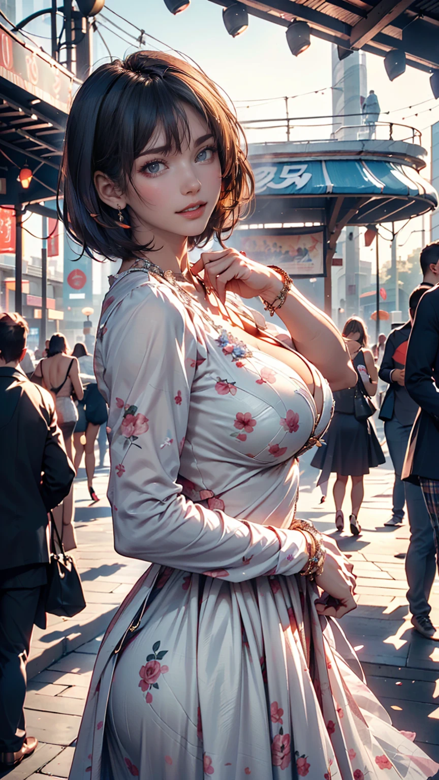 Highest quality, One person, (Skin dentition), (Huge breasts:1.2), (Blur the background:0.6), At a crowded amusement park, (Casual yet stylish, Elegant fabric,fローラl dress:1.5 ), Nice, (short hair:1.5), Soft lighting, Wind, (Front light:1.5), surprised