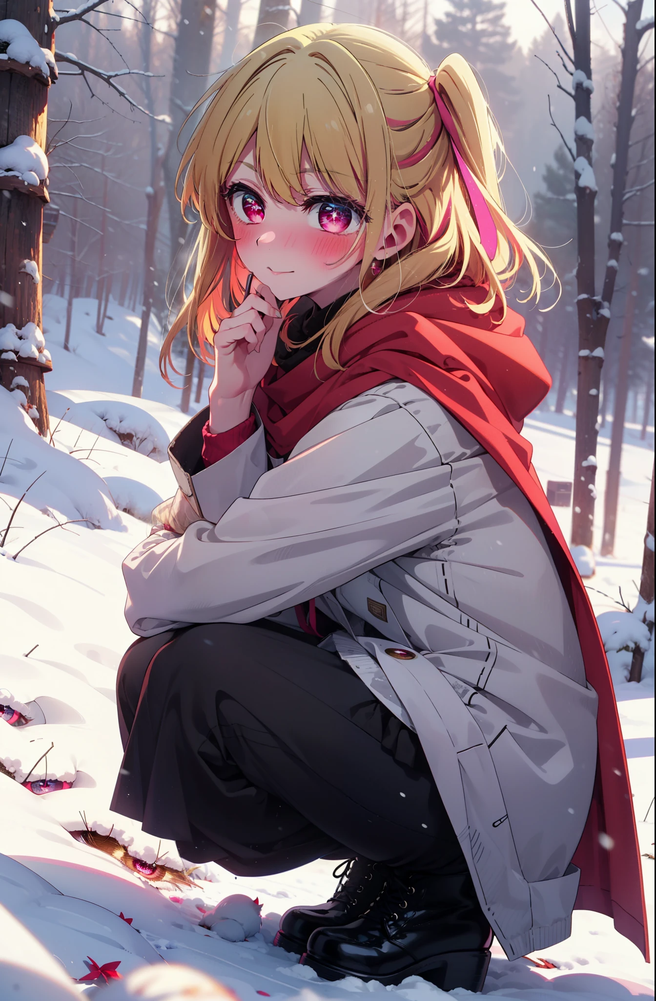 rubyhoshino, Hoshino Ruby, Long Hair, bangs, Blonde, (Pink Eyes:1.3), Side Lock, (Symbol-shaped pupil:1.5), Multicolored Hair, Two-tone hair, smile,,smile,blush,white breath,
Open your mouth,snow,Ground bonfire, Outdoor, boots, snowing, From the side, wood, suitcase, Cape, Blurred, , forest, White handbag, nature,  Squat, Mouth closed, Cape, winter, Written boundary depth, Black shoes, red Cape break looking at viewer, Upper Body, whole body, break Outdoor, forest, nature, break (masterpiece:1.2), Highest quality, High resolution, unity 8k wallpaper, (shape:0.8), (Beautiful and beautiful eyes:1.6), Highly detailed face, Perfect lighting, Highly detailed CG, (Perfect hands, Perfect Anatomy),
