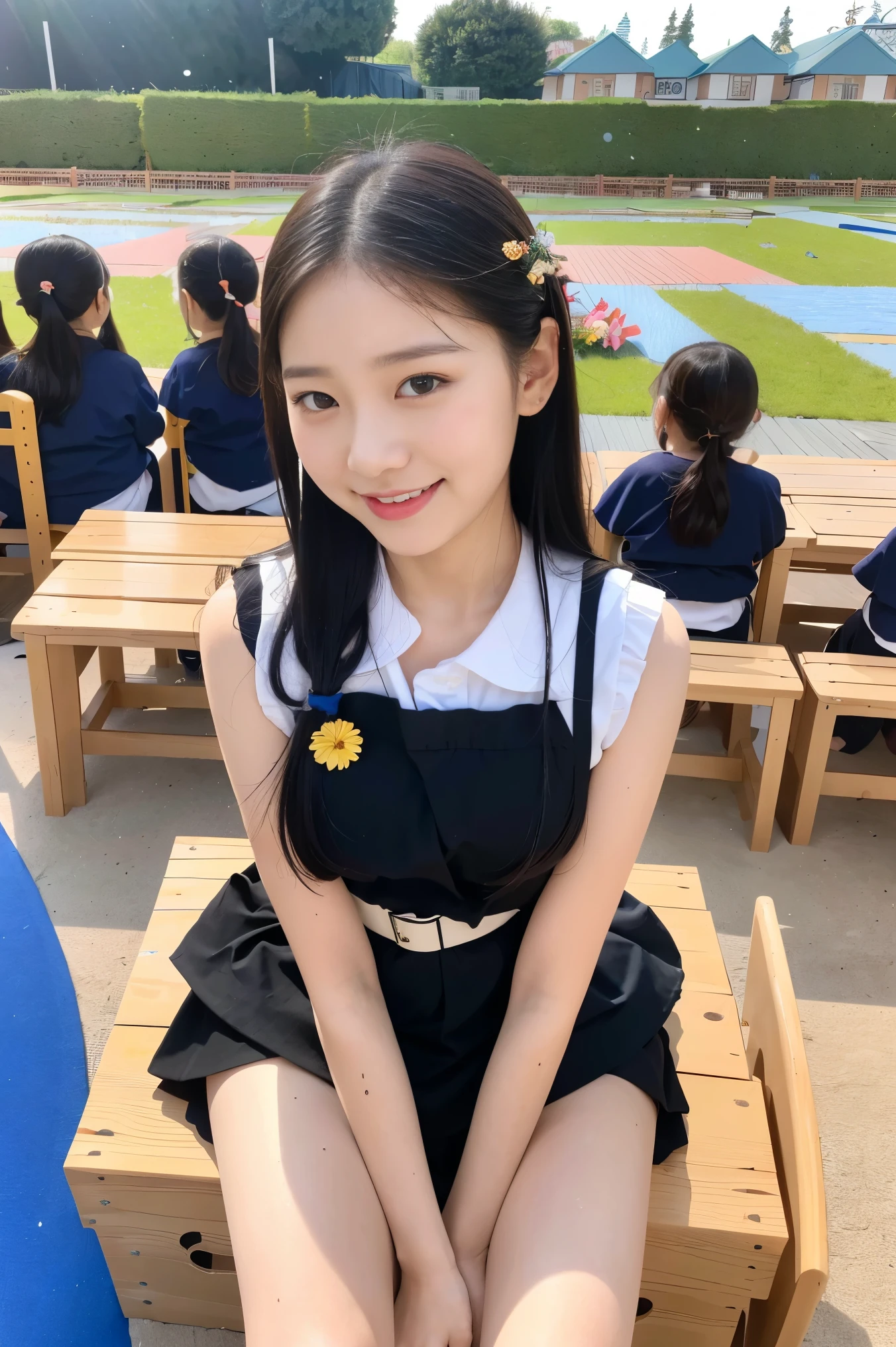 (8K), (Best Quality: 1.2), (Realistic), (Photorealistic: 1.37), Ultra High Definition, 1 Girl, Cute, Smile, Closed Mouth, Beautiful Details, Beautiful Nose, Full Body, Wet Hair, Colossal Dalsefo, Pony tale hair style, one piece, (kintergarden teacher:1.3), (((kindergarten park))),((One woman Educating MANY kindergarten students:1.3)), KOREAN