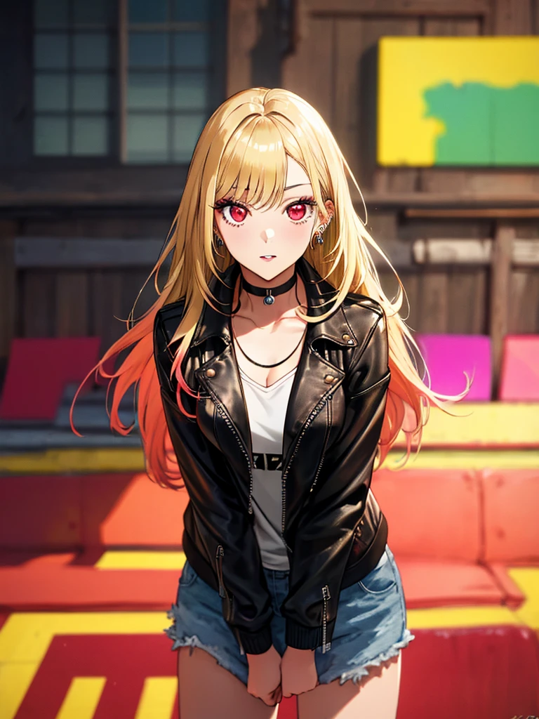 Black Leather Jacket, kitagawa marin, One girl, Blonde Hair, Long Hair, Multicolored Hair, Red eyes, jewelry, Earrings, Earrings, Black choker, 超High resolution, retina, masterpiece, Accurate, Anatomically correct, Textured skin, Super Detail, Attention to detail, high quality, 最high quality, High resolution, 4K