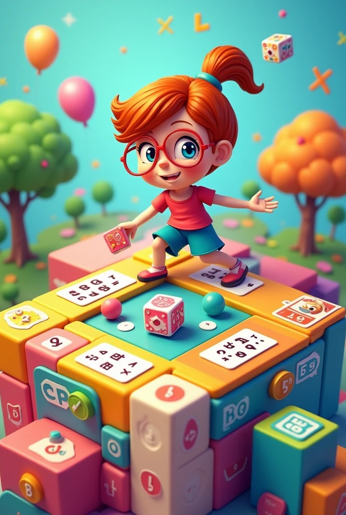 Create an illustration of a math game that is a board where the base is a cube with multiple layers and a grid. The person will roll the dice, and the number that comes up will be how many spaces they move. Each space will have a math problem, and the person will have to solve the problem to roll the dice again.