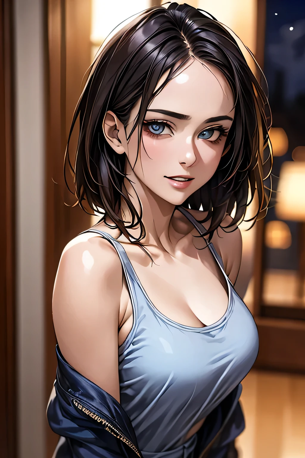 (highest quality, 8k, 32K, masterpiece), (Realistic), (Realistic:1.2), (High resolution), (night:1.7), Japan, cyber punk, City View, In front of the window,Wooden floor, 
Blue jacket, Grey Shirt, clavicle, jewelry, gem, Brunette Bob, 
1 female, 45 years old, beautiful Finger, beautiful long legs, beautifulbody, beautifulNose, beautifulcharacter design, Perfect Eyes, perfectface, Expressive eyes, View your viewers, Center the image, (upper_body), (Focus on her face),
Official Art, Very detailed CG Unity 8k wallpaper, Perfect lighting,Farbeful, bright_front_face_Lighting,Glowing Skin,
(masterpiece:1.0),(Highest_quality:1.0), 超High resolution,4K,Very detailed,
photograph, 8k, High resolution, High resolution, absurdes:1.2, 400 for Kodak Port, Film Grain, Blurred Background, bokeh:1.2, Lens flare, (Vibrant_Farbe:1.2)
(beautiful,chest), (beautiful_face:1.5),(narrow_Waist),