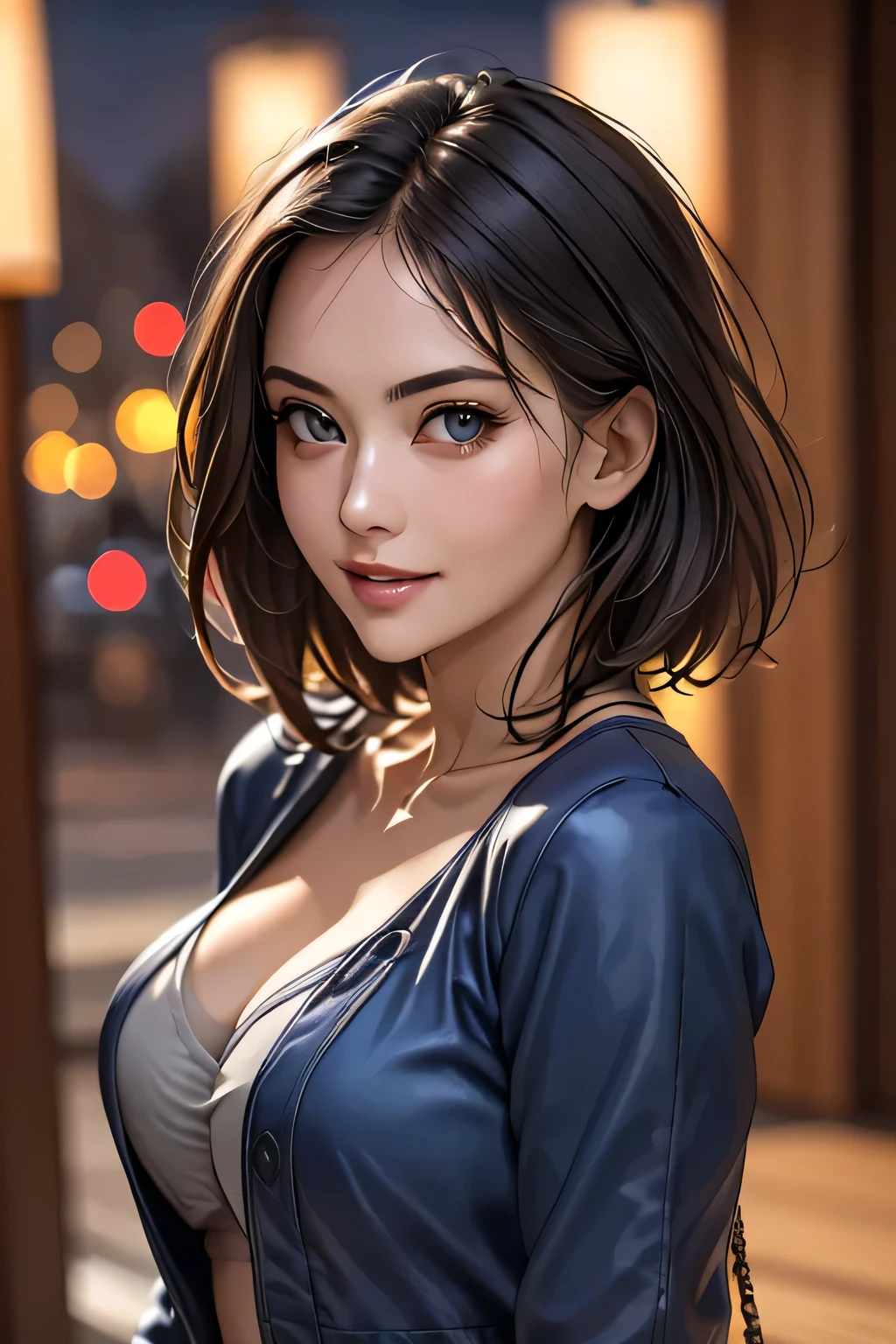 (highest quality, 8k, 32K, masterpiece), (Realistic), (Realistic:1.2), (High resolution), (night:1.7), Japan, cyber punk, City View, In front of the window,Wooden floor, 
Blue jacket, Grey Shirt, clavicle, jewelry, gem, Brunette Bob, 
1 female, 45 years old, beautiful Finger, beautiful long legs, beautifulbody, beautifulNose, beautifulcharacter design, Perfect Eyes, perfectface, Expressive eyes, View your viewers, Center the image, (upper_body), (Focus on her face),
Official Art, Very detailed CG Unity 8k wallpaper, Perfect lighting,Farbeful, bright_front_face_Lighting,Glowing Skin,
(masterpiece:1.0),(Highest_quality:1.0), 超High resolution,4K,Very detailed,
photograph, 8k, High resolution, High resolution, absurdes:1.2, 400 for Kodak Port, Film Grain, Blurred Background, bokeh:1.2, Lens flare, (Vibrant_Farbe:1.2)
(beautiful,chest), (beautiful_face:1.5),(narrow_Waist),