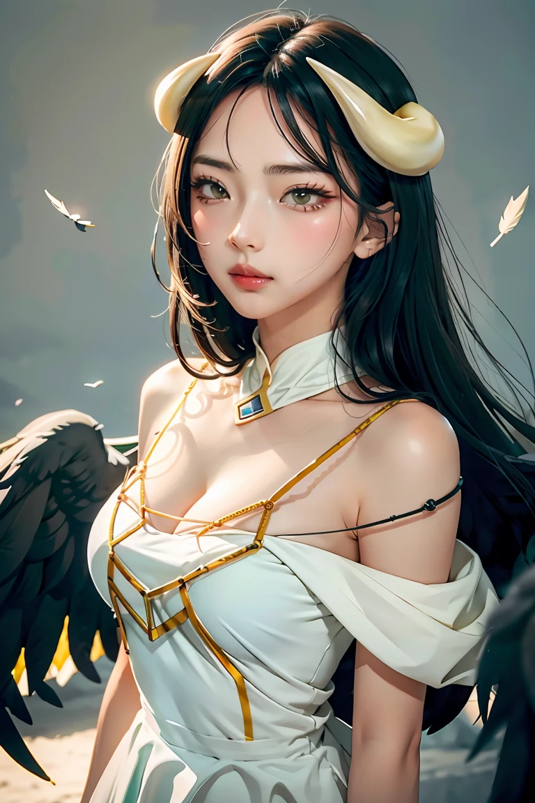Masterpiece, Best quality, Ultra-detailed, illustration, epic lighting, Cinematic composition, isometry,(hexagons:1.2), 1girll, Horns, Solo, Yellow eyes, Black hair, Long hair, (Low wing:1.2), Large cleavage, Bare shoulders, hair between eye, Medium breasts, (White dress:1.1), Golden decoration, Detached collar, view the viewer, Semi-closed Eyes, (view the viewer:1.1), parted lip, Blush, Black feathers fall, Arena, particle fx, (8K:1.1)