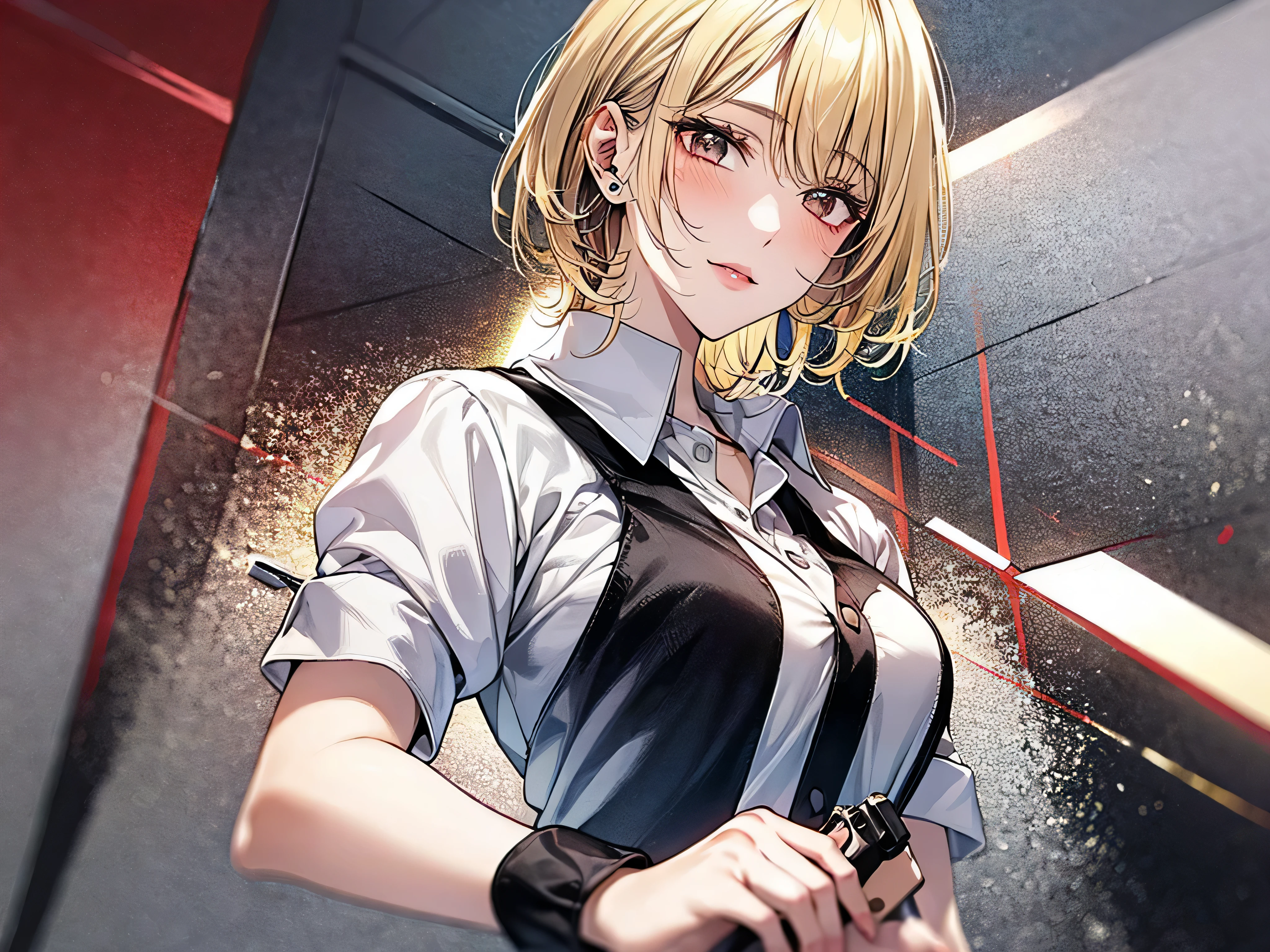 Highest quality,One woman,Rolled up sleeves:1.0,Hitman,Holding a gun towards the viewer:1.0,Detailed pistol,Blonde Short Hair,Open your eyes to enjoy