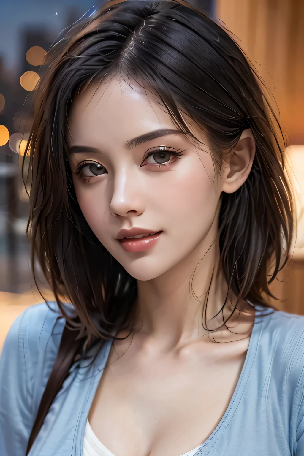 (highest quality, 8k, 32K, masterpiece), (Realistic), (Realistic:1.2), (High resolution), (night:1.7), Japan, cyber punk, City View, In front of the window,Wooden floor, 
Blue jacket, Grey Shirt, clavicle, jewelry, gem, Brunette Bob, 
1 female, 45 years old, beautiful Finger, beautiful long legs, beautifulbody, beautifulNose, beautifulcharacter design, Perfect Eyes, perfectface, Expressive eyes, View your viewers, Center the image, (upper_body), (Focus on her face),
Official Art, Very detailed CG Unity 8k wallpaper, Perfect lighting,Farbeful, bright_front_face_Lighting,Glowing Skin,
(masterpiece:1.0),(Highest_quality:1.0), 超High resolution,4K,Very detailed,
photograph, 8k, High resolution, High resolution, absurdes:1.2, 400 for Kodak Port, Film Grain, Blurred Background, bokeh:1.2, Lens flare, (Vibrant_Farbe:1.2)
(beautiful,chest), (beautiful_face:1.5),(narrow_Waist),