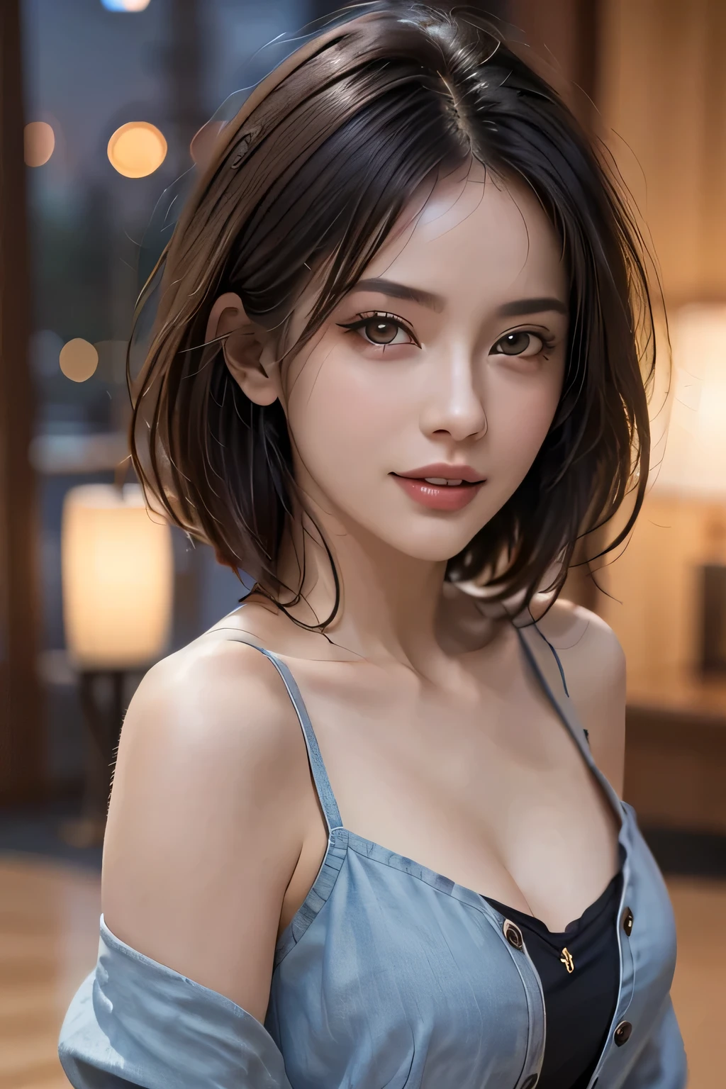 (highest quality, 8k, 32K, masterpiece), (Realistic), (Realistic:1.2), (High resolution), (night:1.7), Japan, cyber punk, City View, In front of the window,Wooden floor, 
Blue jacket, Grey Shirt, clavicle, jewelry, gem, Brunette Bob, 
1 female, 45 years old, beautiful Finger, beautiful long legs, beautifulbody, beautifulNose, beautifulcharacter design, Perfect Eyes, perfectface, Expressive eyes, View your viewers, Center the image, (upper_body), (Focus on her face),
Official Art, Very detailed CG Unity 8k wallpaper, Perfect lighting,Farbeful, bright_front_face_Lighting,Glowing Skin,
(masterpiece:1.0),(Highest_quality:1.0), 超High resolution,4K,Very detailed,
photograph, 8k, High resolution, High resolution, absurdes:1.2, 400 for Kodak Port, Film Grain, Blurred Background, bokeh:1.2, Lens flare, (Vibrant_Farbe:1.2)
(beautiful,chest), (beautiful_face:1.5),(narrow_Waist),