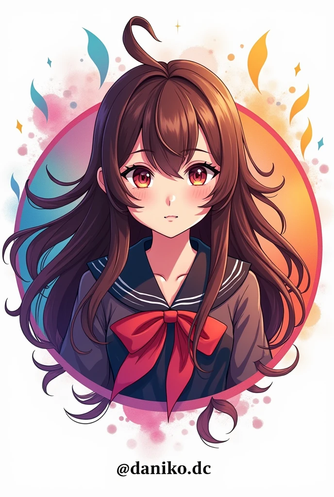 Round logo for promotional brand of Cosplayer with the name of instagram (@daniko.DC) with an image of a girl with Cosplay long brown hair dressed in the demon slayer style, only face with a white background